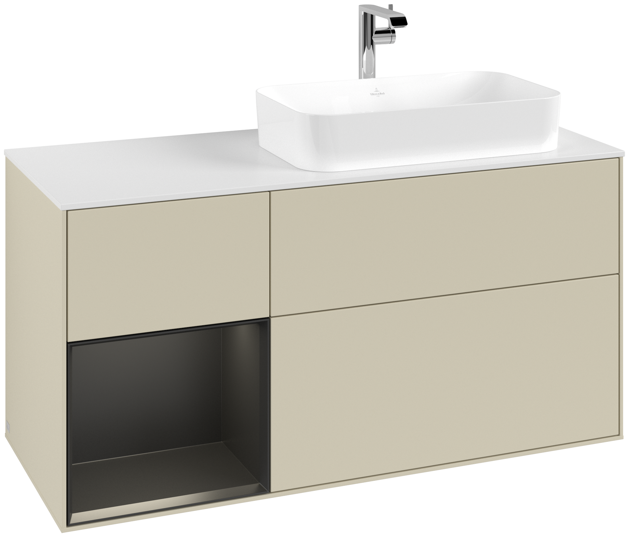 Villeroy & Boch Finion Waschbeckenunterschrank, mit Beleuchtung, 3 Auszüge, 1200x603x501mm, Korpus: Silk Grey Matt Lacquer, Front: Silk Grey Matt Lacquer, Regalelement: Black Matt Lacquer, Abdeckplatte: Glass White Matt