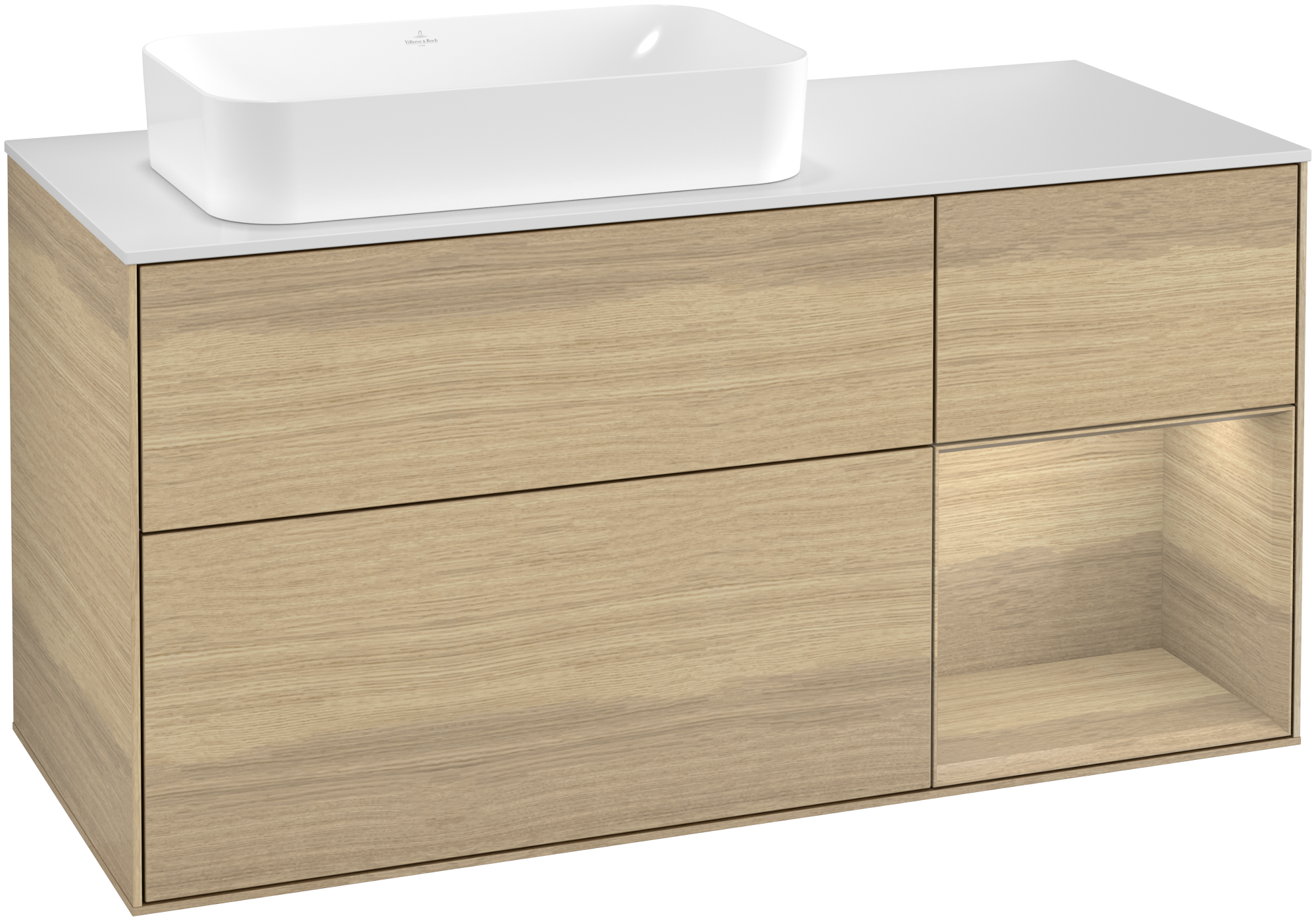 Villeroy & Boch Finion Waschbeckenunterschrank, mit Beleuchtung, 3 Auszüge, 1200x603x501mm, Korpus: Oak Veneer, Front: Oak Veneer, Regalelement: Oak Veneer, Abdeckplatte: Glass White Matt