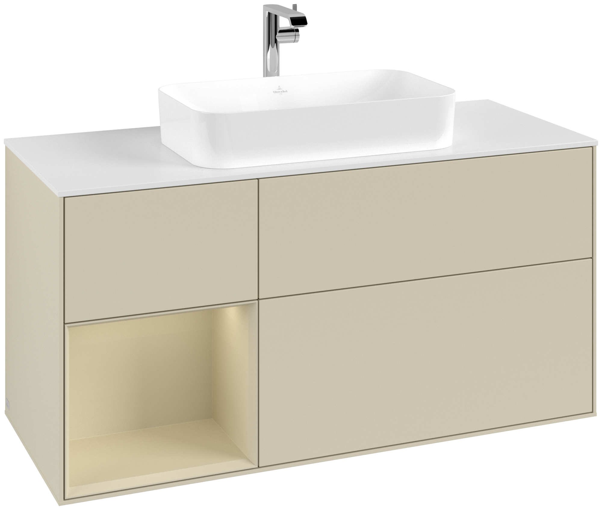 Villeroy & Boch Finion Waschbeckenunterschrank, mit Beleuchtung, 3 Auszüge, 1200x603x501mm, Korpus: Silk Grey Matt Lacquer, Front: Silk Grey Matt Lacquer, Regalelement: Silk Grey Matt Lacquer, Abdeckplatte: Glass White Matt