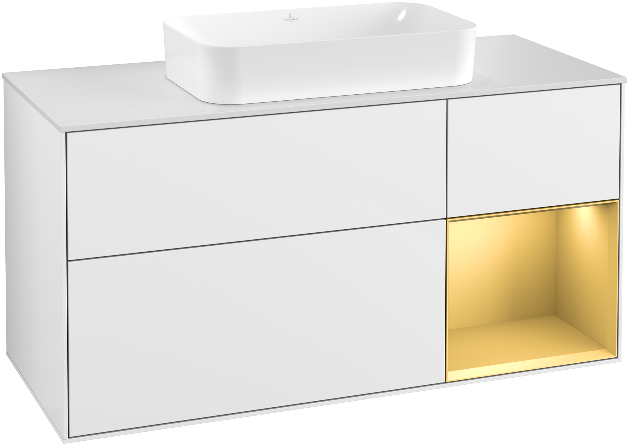 Villeroy & Boch Finion Vanity unit, with lighting, 3 pull-out compartments, 1200x603x501mm, Body: Glossy White Lacquer, Front: Glossy White Lacquer, Shelf: Gold Matt Lacquer, Cover plate: Glass White Matt