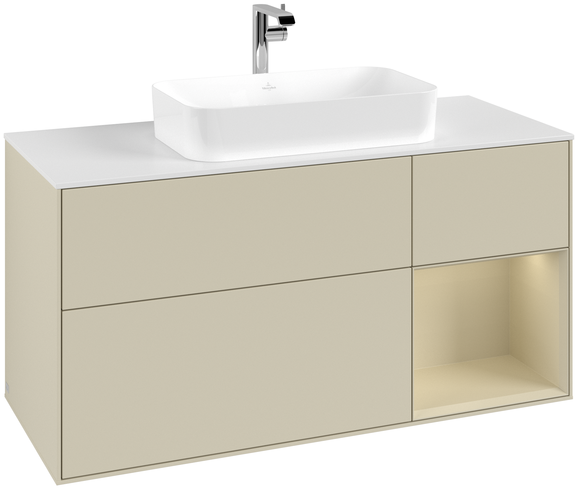 Villeroy & Boch Finion Waschbeckenunterschrank, mit Beleuchtung, 3 Auszüge, 1200x603x501mm, Korpus: Silk Grey Matt Lacquer, Front: Silk Grey Matt Lacquer, Regalelement: Silk Grey Matt Lacquer, Abdeckplatte: Glass White Matt