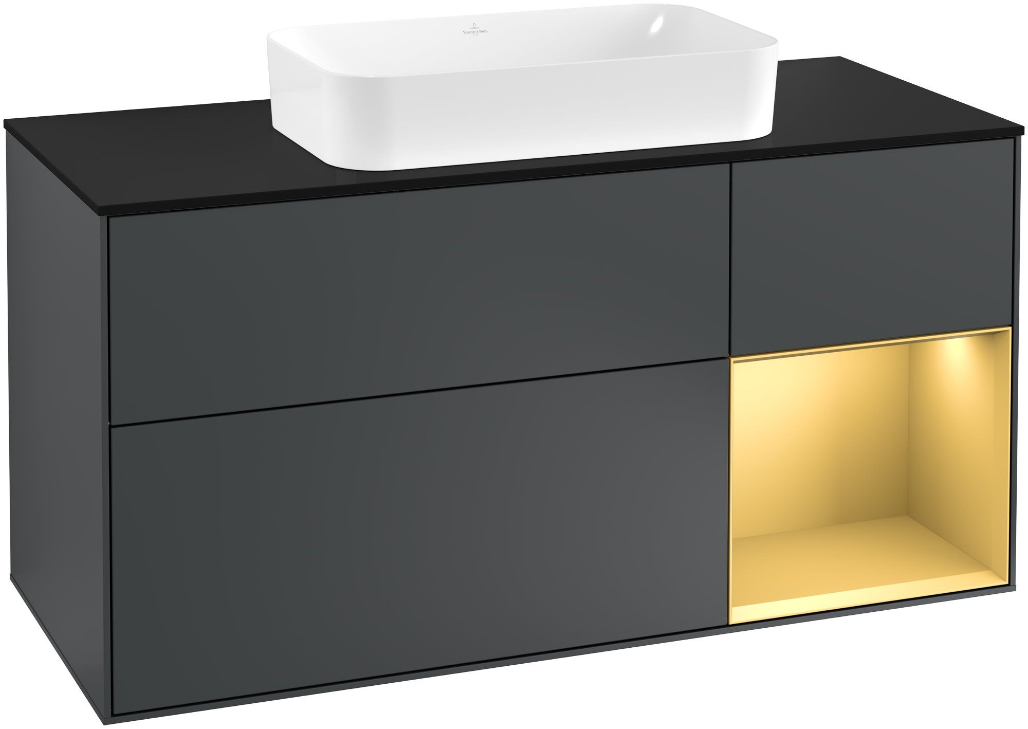 Villeroy & Boch Finion Waschbeckenunterschrank, mit Beleuchtung, 3 Auszüge, 1200x603x501mm, Korpus: Midnight Blue Matt Lacquer, Front: Midnight Blue Matt Lacquer, Regalelement: Gold Matt Lacquer, Abdeckplatte: Glass Black Matt
