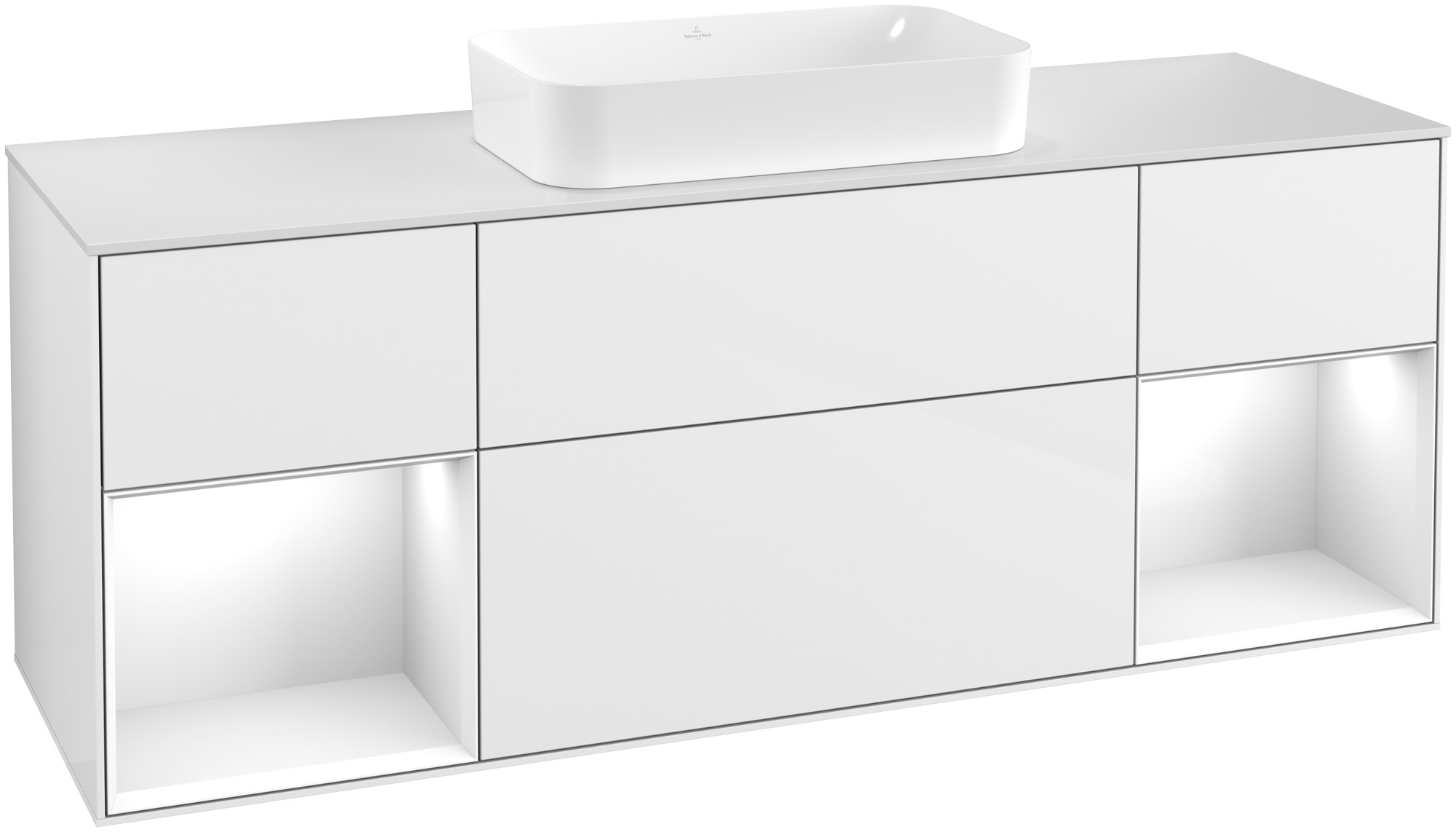 Villeroy & Boch Finion Waschbeckenunterschrank, mit Beleuchtung, 4 Auszüge, 1600x603x501mm, Korpus: Glossy White Lacquer, Front: Glossy White Lacquer, Regalelement: Glossy White Lacquer, Abdeckplatte: Glass White Matt