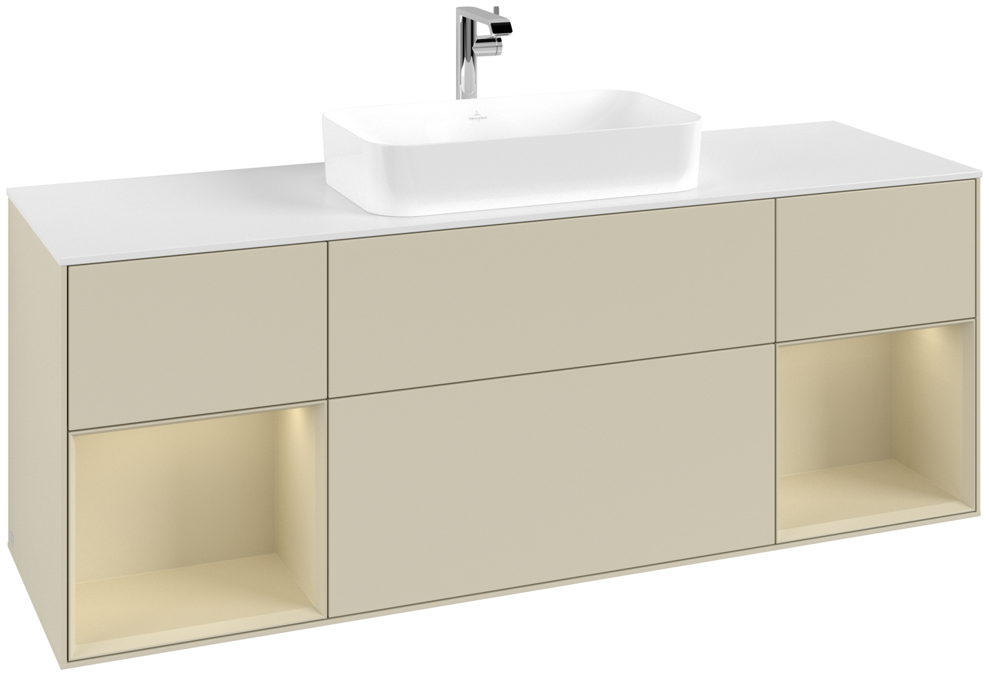 Villeroy & Boch Finion Waschbeckenunterschrank, mit Beleuchtung, 4 Auszüge, 1600x603x501mm, Korpus: Silk Grey Matt Lacquer, Front: Silk Grey Matt Lacquer, Regalelement: Silk Grey Matt Lacquer, Abdeckplatte: Glass White Matt