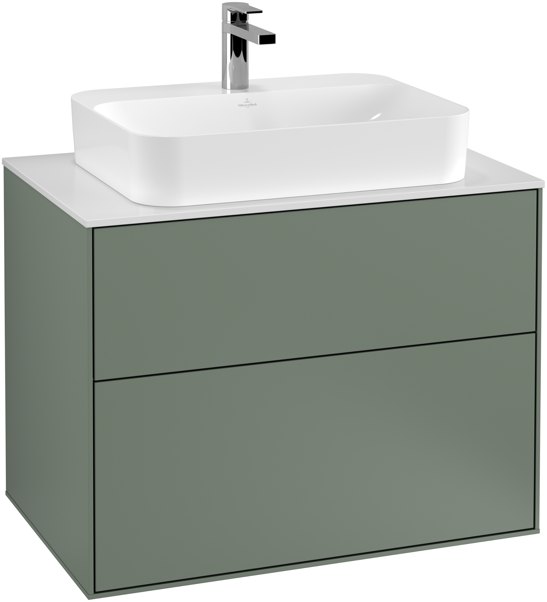 Villeroy & Boch Finion Meuble sous plan, avec éclairage, 2 tiroirs sur rails, 800x603x501mm, Caisson: Olive Matt Lacquer, Façade: Olive Matt Lacquer, Plaque de recouvrement: Glass White Matt
