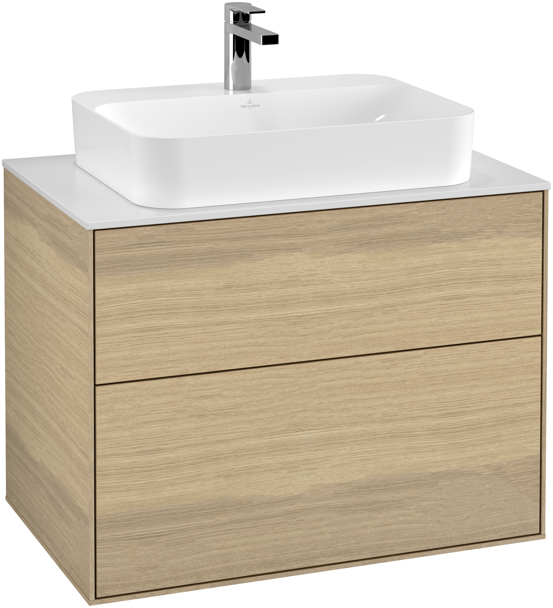 Villeroy & Boch Finion Meuble sous plan, avec éclairage, 2 tiroirs sur rails, 800x603x501mm, Caisson: Oak Veneer, Façade: Oak Veneer, Plaque de recouvrement: Glass White Matt