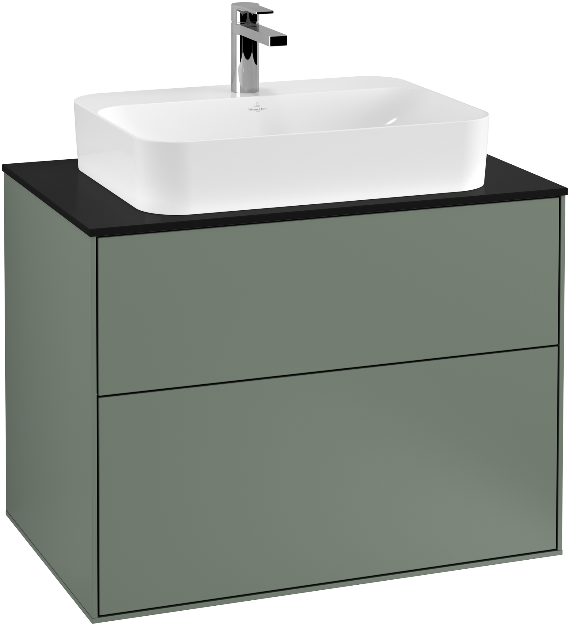 Villeroy & Boch Finion Meuble sous plan, avec éclairage, 2 tiroirs sur rails, 800x603x501mm, Caisson: Olive Matt Lacquer, Façade: Olive Matt Lacquer, Plaque de recouvrement: Glass Black Matt