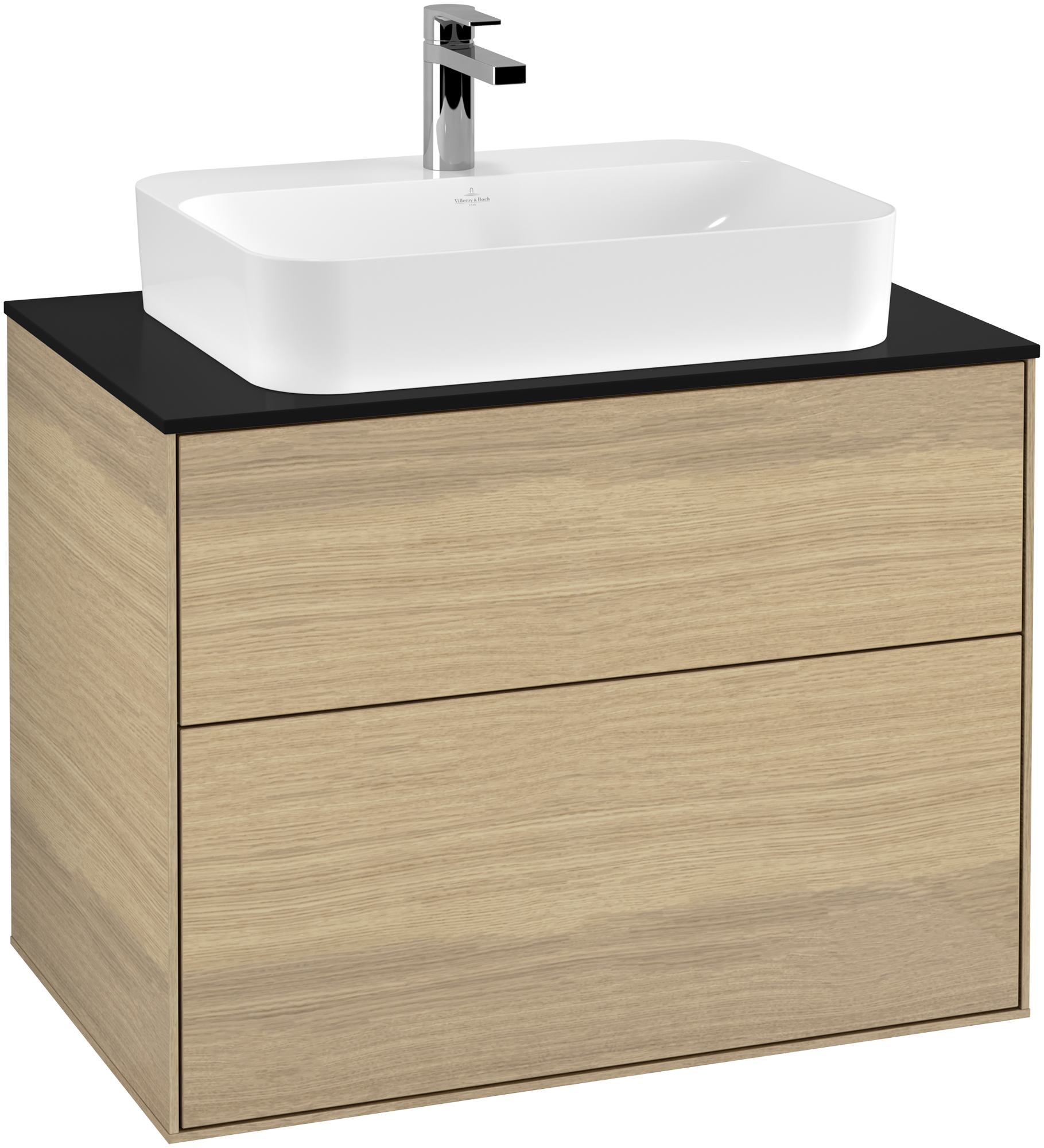 Villeroy & Boch Finion Meuble sous plan, avec éclairage, 2 tiroirs sur rails, 800x603x501mm, Caisson: Oak Veneer, Façade: Oak Veneer, Plaque de recouvrement: Glass Black Matt