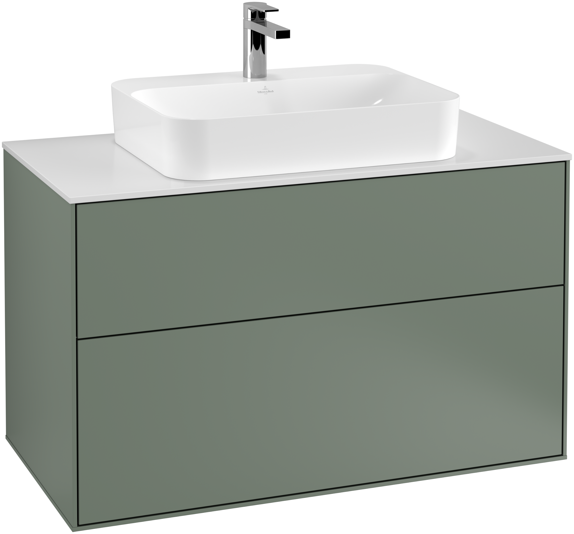 Villeroy & Boch Finion Meuble sous plan, avec éclairage, 2 tiroirs sur rails, 1000x603x501mm, Caisson: Olive Matt Lacquer, Façade: Olive Matt Lacquer, Plaque de recouvrement: Glass White Matt