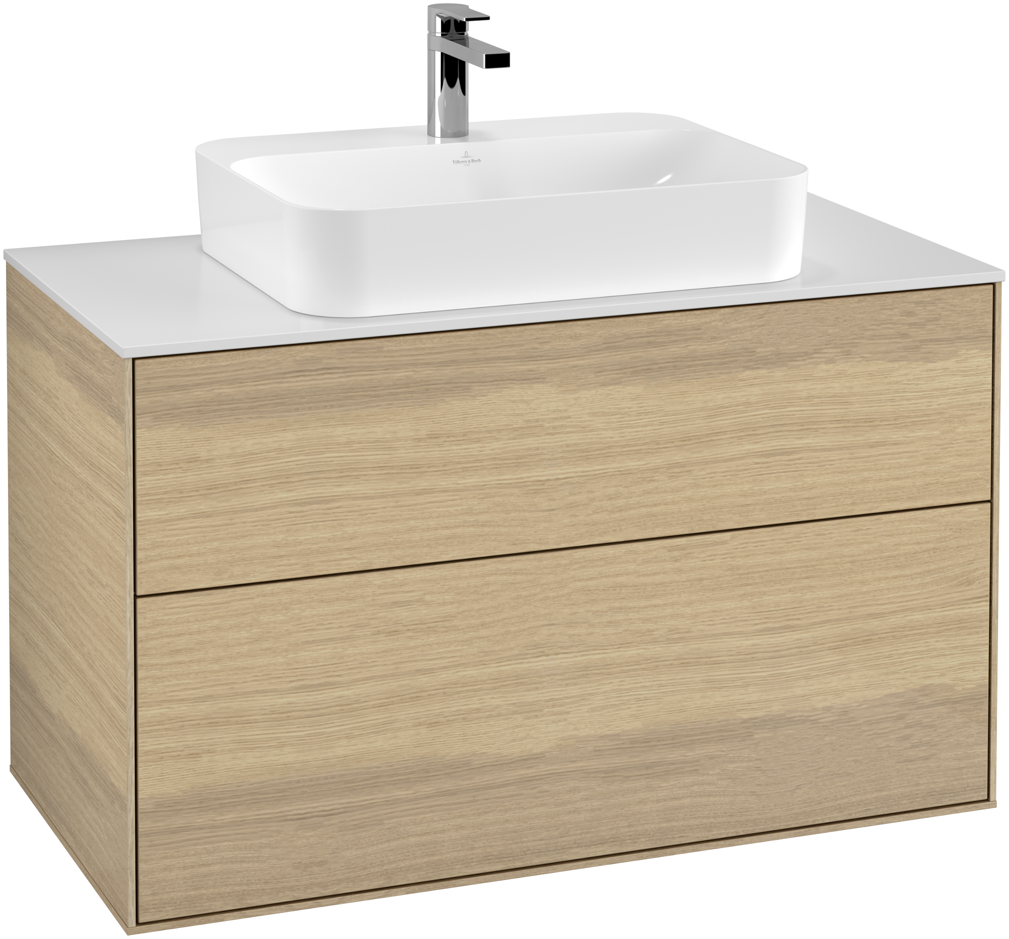 Villeroy & Boch Finion Waschbeckenunterschrank, mit Beleuchtung, 2 Auszüge, 1000x603x501mm, Korpus: Oak Veneer, Front: Oak Veneer, Abdeckplatte: Glass White Matt
