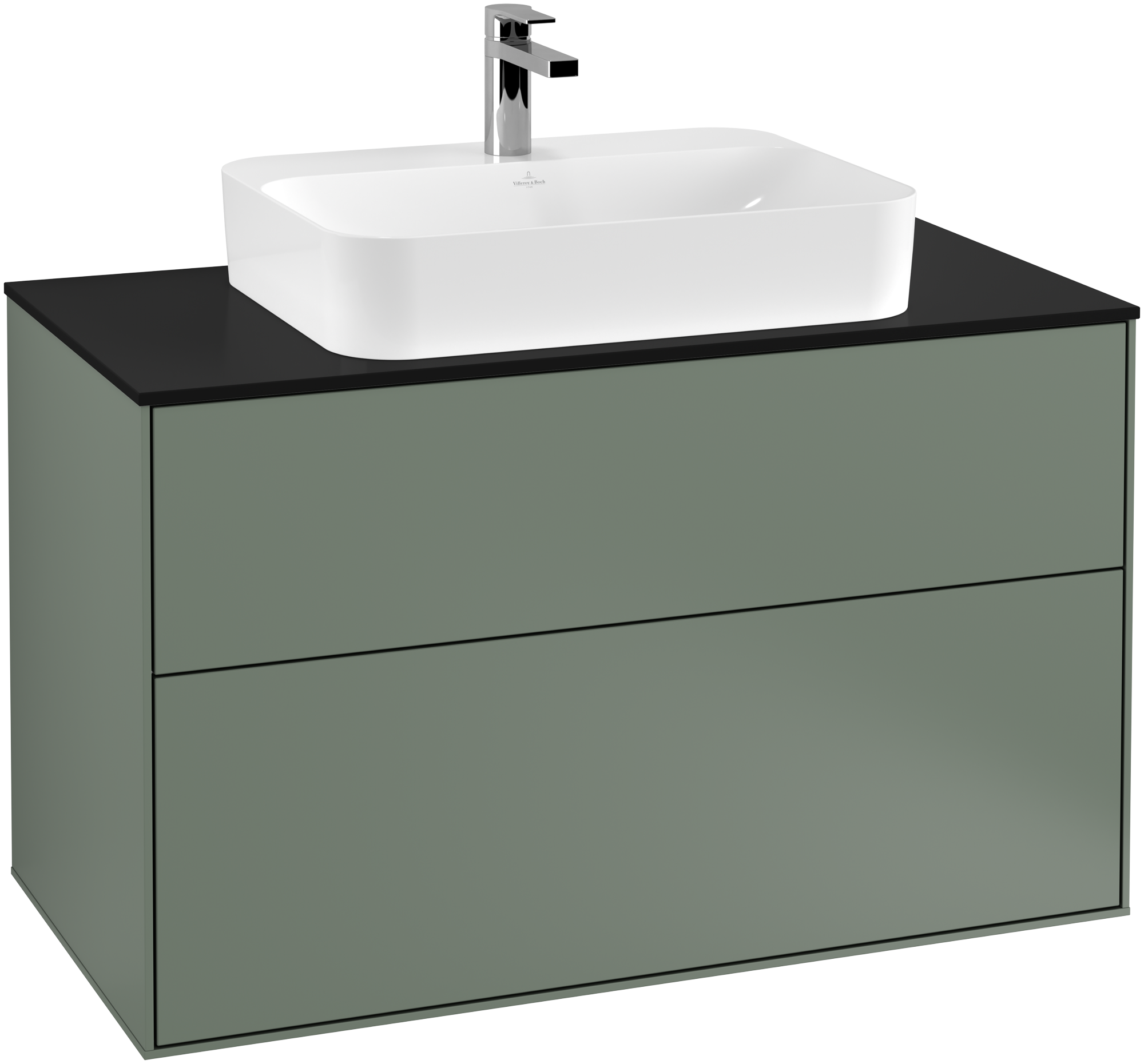 Villeroy & Boch Finion Meuble sous plan, avec éclairage, 2 tiroirs sur rails, 1000x603x501mm, Caisson: Olive Matt Lacquer, Façade: Olive Matt Lacquer, Plaque de recouvrement: Glass Black Matt