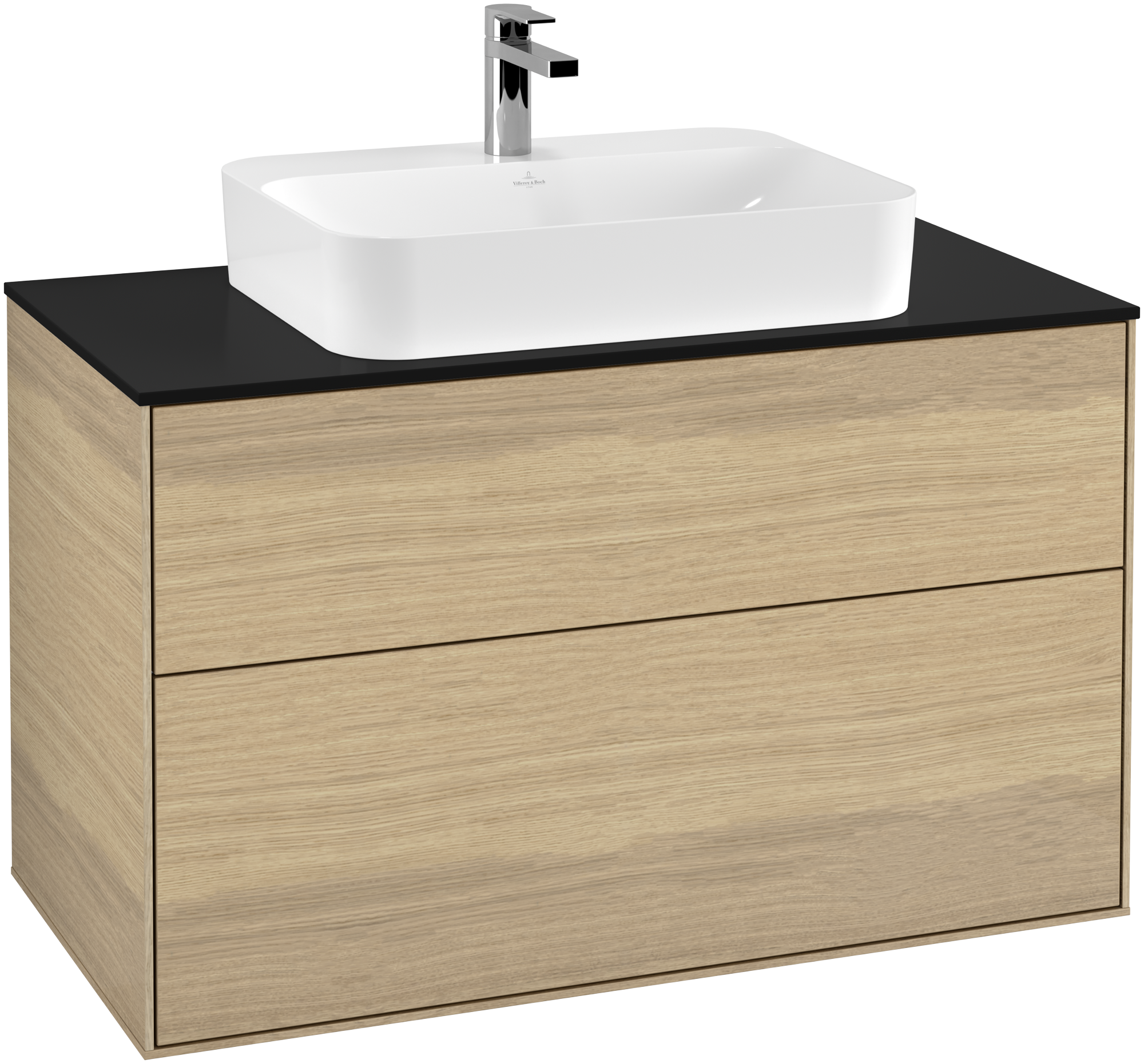 Villeroy & Boch Finion Meuble sous plan, avec éclairage, 2 tiroirs sur rails, 1000x603x501mm, Caisson: Oak Veneer, Façade: Oak Veneer, Plaque de recouvrement: Glass Black Matt