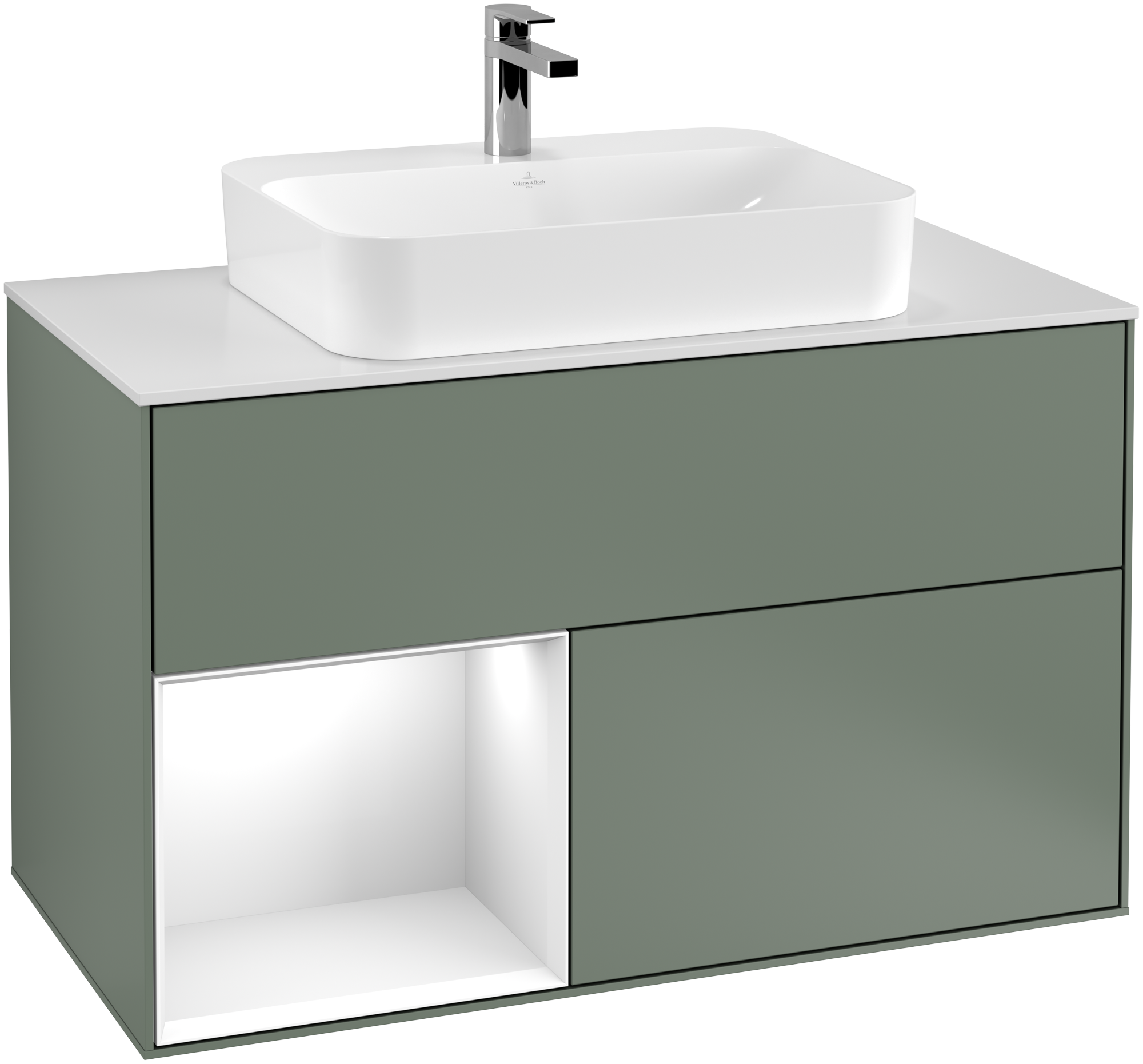 Villeroy & Boch Finion Meuble sous plan, avec éclairage, 2 tiroirs sur rails, 1000x603x501mm, Caisson: Olive Matt Lacquer, Façade: Olive Matt Lacquer, Élément d’étagère: Glossy White Lacquer, Plaque de recouvrement: Glass White Matt