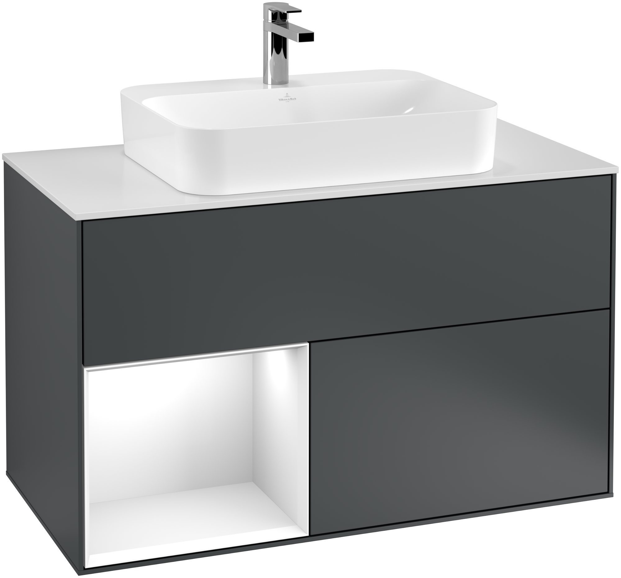 Villeroy & Boch Finion Meuble sous plan, avec éclairage, 2 tiroirs sur rails, 1000x603x501mm, Caisson: Midnight Blue Matt Lacquer, Façade: Midnight Blue Matt Lacquer, Élément d’étagère: Glossy White Lacquer, Plaque de recouvrement: Glass White Matt