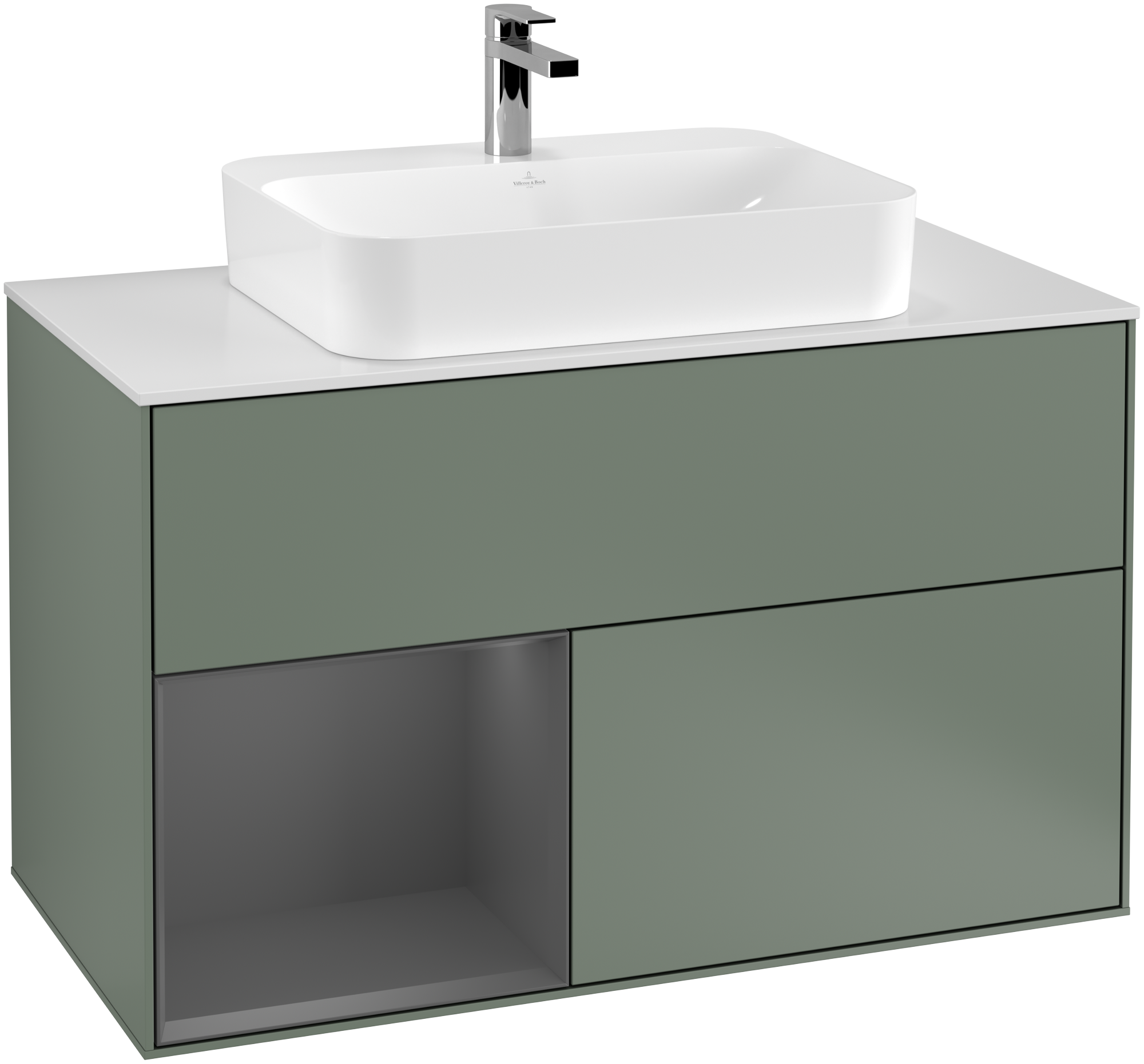 Villeroy & Boch Finion Meuble sous plan, avec éclairage, 2 tiroirs sur rails, 1000x603x501mm, Caisson: Olive Matt Lacquer, Façade: Olive Matt Lacquer, Élément d’étagère: Anthracite Matt Lacquer, Plaque de recouvrement: Glass White Matt