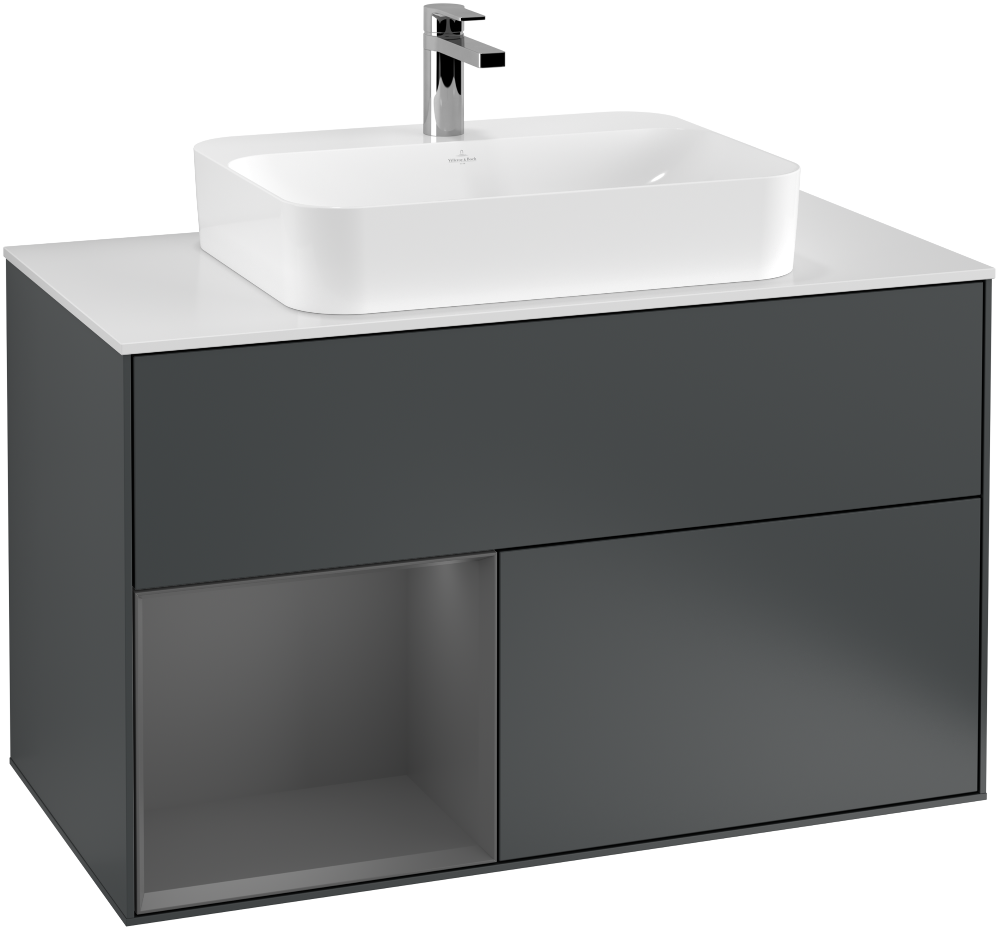 Villeroy & Boch Finion Meuble sous plan, avec éclairage, 2 tiroirs sur rails, 1000x603x501mm, Caisson: Midnight Blue Matt Lacquer, Façade: Midnight Blue Matt Lacquer, Élément d’étagère: Anthracite Matt Lacquer, Plaque de recouvrement: Glass White Matt