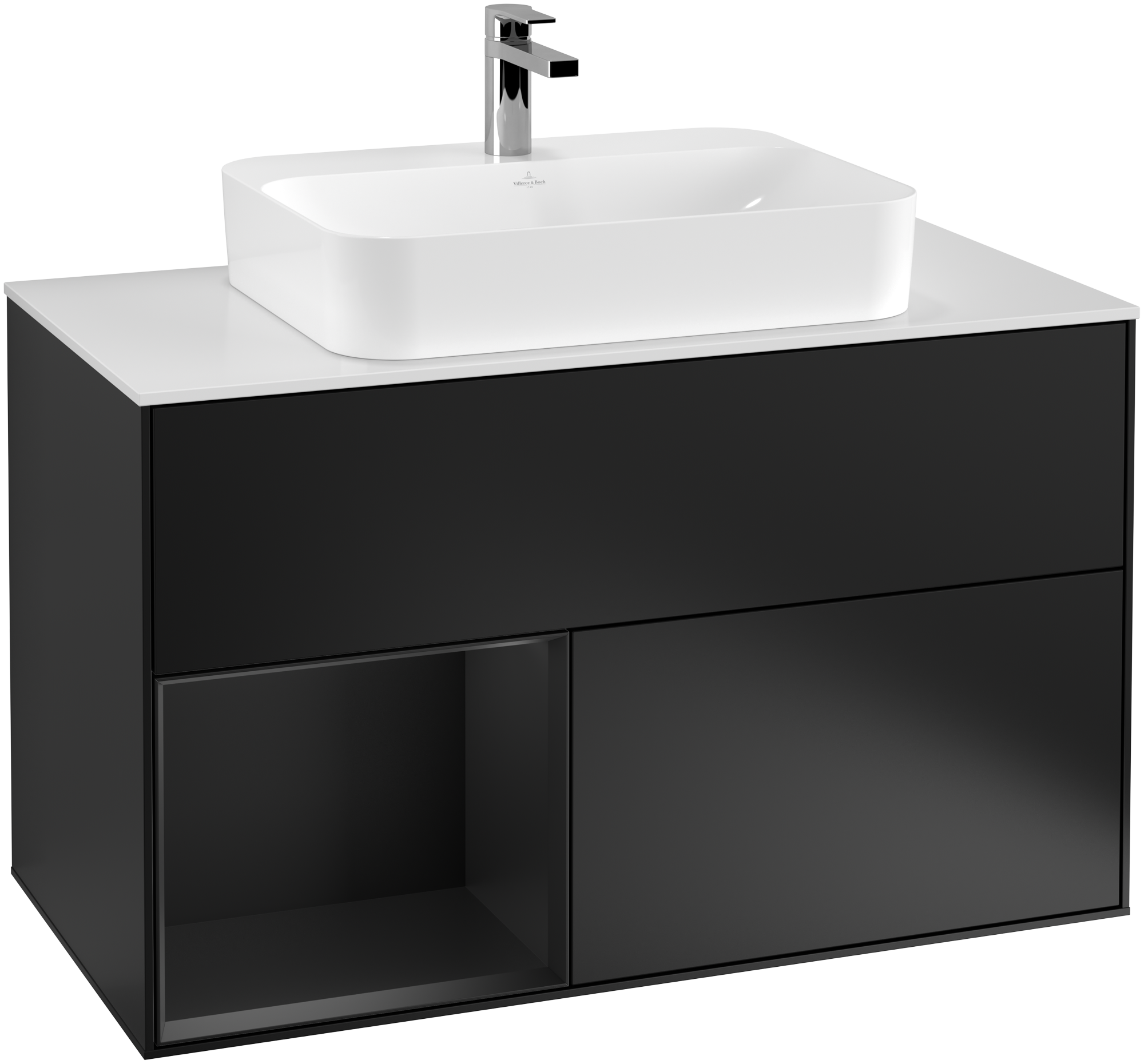 Villeroy & Boch Finion Vanity unit, with lighting, 2 pull-out compartments, 1000x603x501mm, Body: Black Matt Lacquer, Front: Black Matt Lacquer, Shelf: Black Matt Lacquer, Cover plate: Glass White Matt
