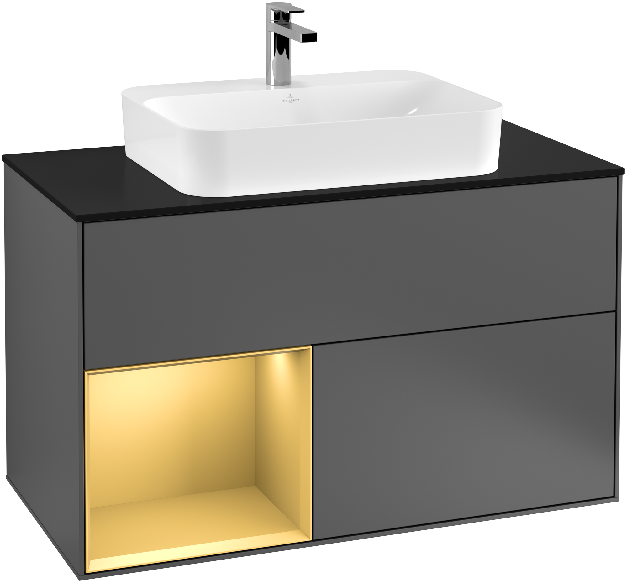 Villeroy & Boch Finion Waschbeckenunterschrank, mit Beleuchtung, 2 Auszüge, 1000x603x501mm, Korpus: Anthracite Matt Lacquer, Front: Anthracite Matt Lacquer, Regalelement: Gold Matt Lacquer, Abdeckplatte: Glass Black Matt