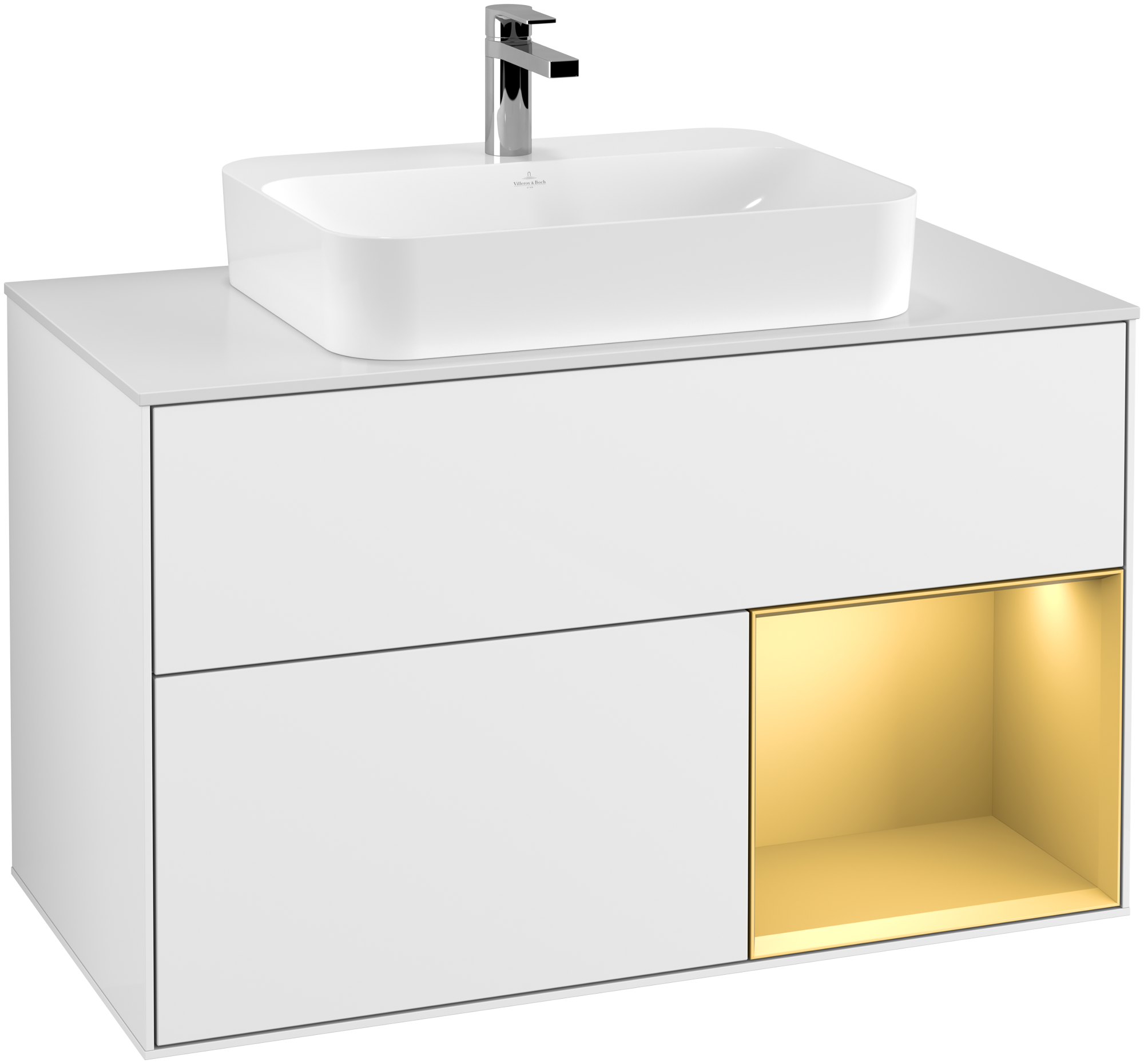 Villeroy & Boch Finion Waschbeckenunterschrank, mit Beleuchtung, 2 Auszüge, 1000x603x501mm, Korpus: Glossy White Lacquer, Front: Glossy White Lacquer, Regalelement: Gold Matt Lacquer, Abdeckplatte: Glass White Matt