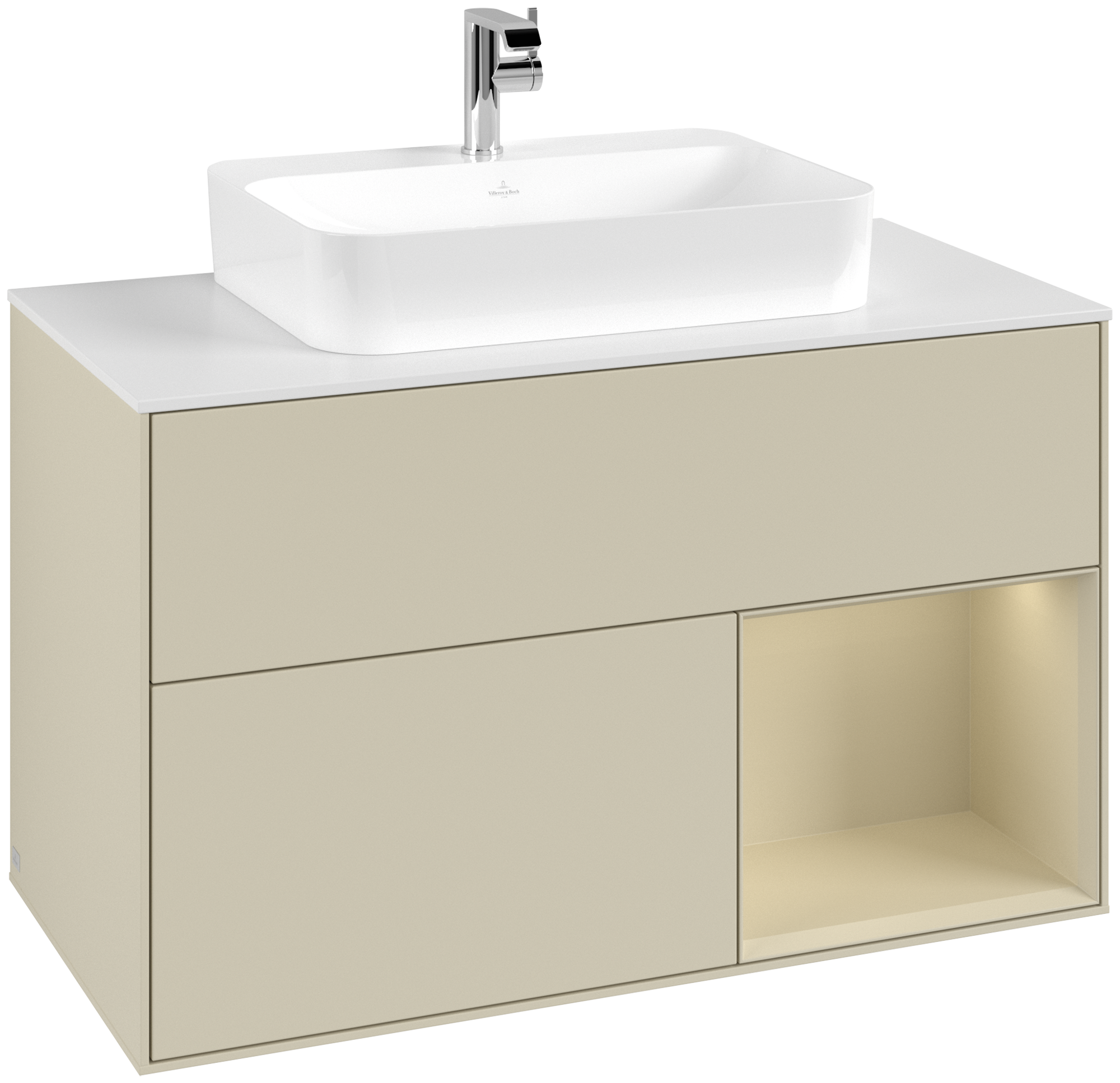 Villeroy & Boch Finion Meuble sous plan, avec éclairage, 2 tiroirs sur rails, 1000x603x501mm, Caisson: Silk Grey Matt Lacquer, Façade: Silk Grey Matt Lacquer, Élément d’étagère: Silk Grey Matt Lacquer, Plaque de recouvrement: Glass White Matt