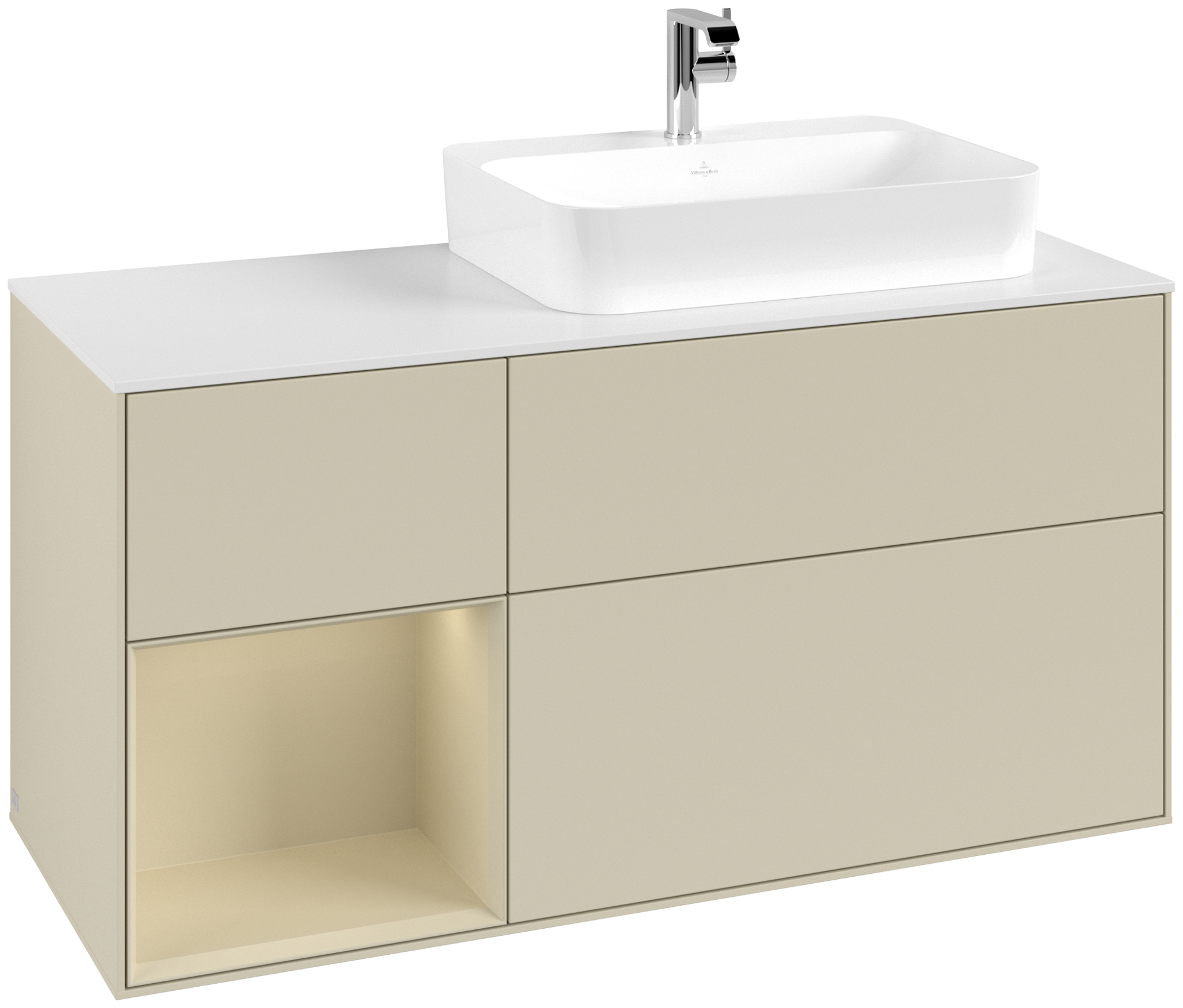 Villeroy & Boch Finion Waschbeckenunterschrank, mit Beleuchtung, 3 Auszüge, 1200x603x501mm, Korpus: Silk Grey Matt Lacquer, Front: Silk Grey Matt Lacquer, Regalelement: Silk Grey Matt Lacquer, Abdeckplatte: Glass White Matt