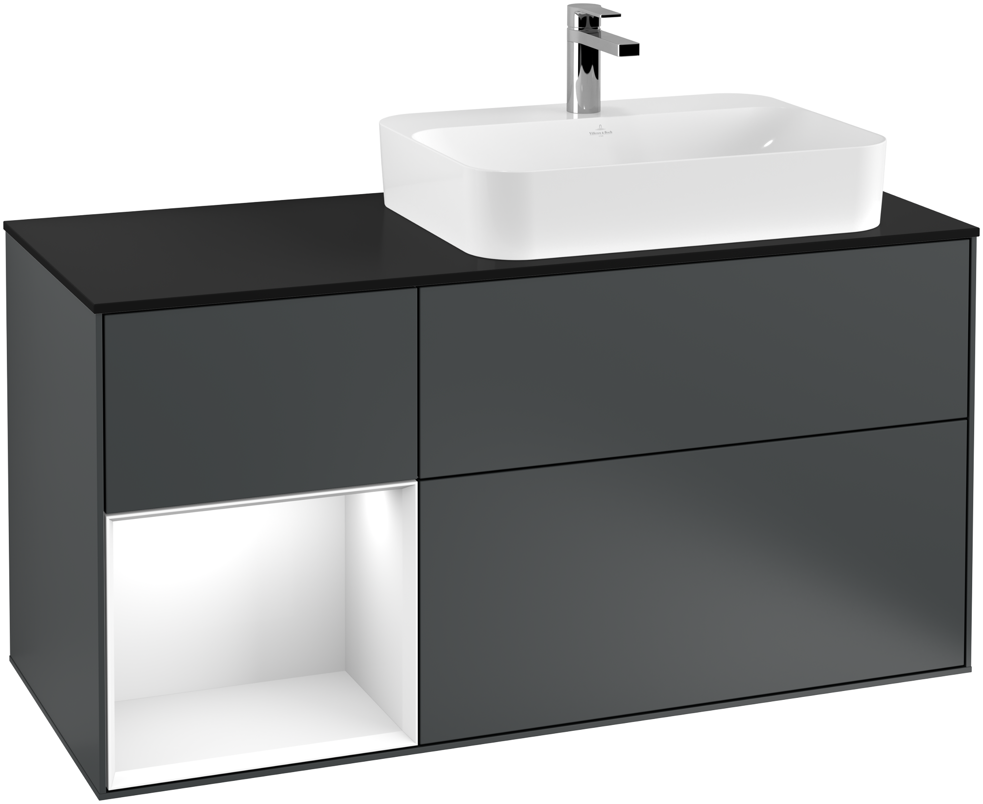 Villeroy & Boch Finion Vanity unit, with lighting, 3 pull-out compartments, 1200x603x501mm, Body: Midnight Blue Matt Lacquer, Front: Midnight Blue Matt Lacquer, Shelf: Glossy White Lacquer, Cover plate: Glass Black Matt
