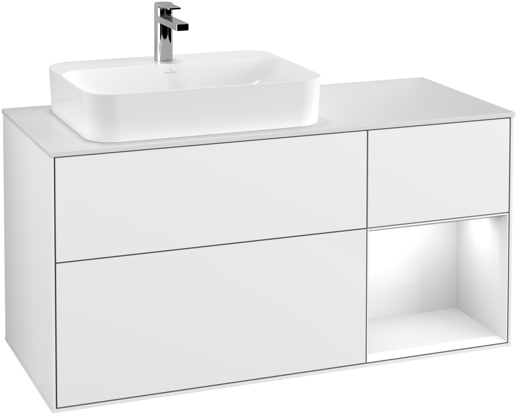Villeroy & Boch Finion Waschbeckenunterschrank, mit Beleuchtung, 3 Auszüge, 1200x603x501mm, Korpus: Glossy White Lacquer, Front: Glossy White Lacquer, Regalelement: Glossy White Lacquer, Abdeckplatte: Glass White Matt