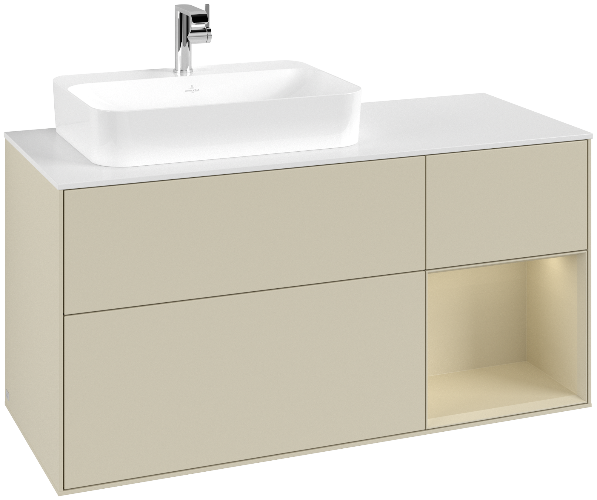 Villeroy & Boch Finion Waschbeckenunterschrank, mit Beleuchtung, 3 Auszüge, 1200x603x501mm, Korpus: Silk Grey Matt Lacquer, Front: Silk Grey Matt Lacquer, Regalelement: Silk Grey Matt Lacquer, Abdeckplatte: Glass White Matt