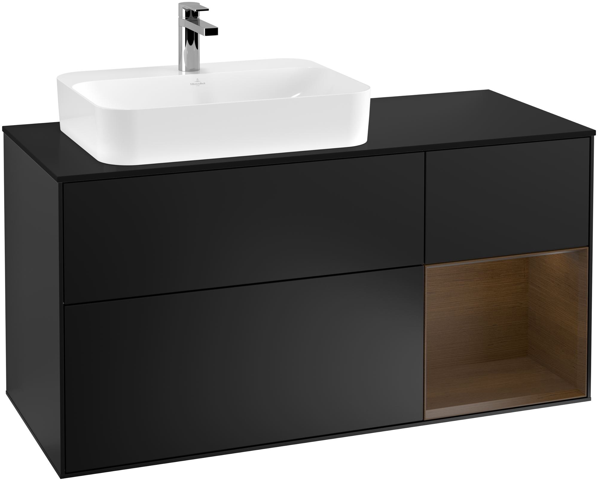 Villeroy & Boch Finion Meuble sous plan, avec éclairage, 3 tiroirs sur rails, 1200x603x501mm, Caisson: Black Matt Lacquer, Façade: Black Matt Lacquer, Élément d’étagère: Walnut Veneer, Plaque de recouvrement: Glass Black Matt