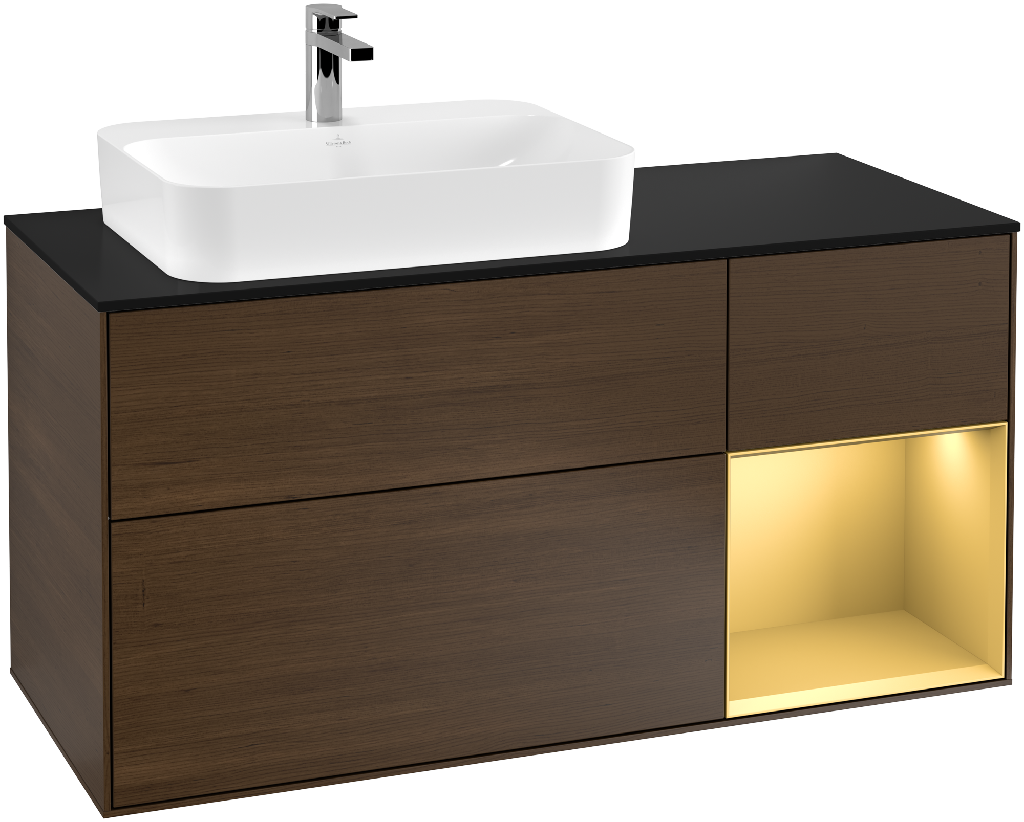 Villeroy & Boch Finion Vanity unit, with lighting, 3 pull-out compartments, 1200x603x501mm, Body: Walnut Veneer, Front: Walnut Veneer, Shelf: Gold Matt Lacquer, Cover plate: Glass Black Matt