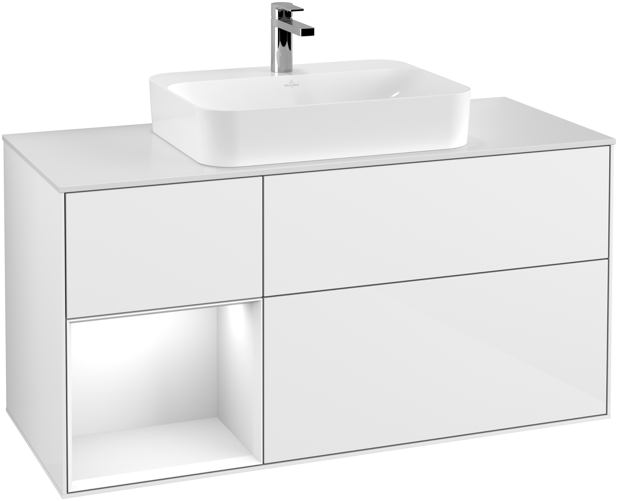 Villeroy & Boch Finion Waschbeckenunterschrank, mit Beleuchtung, 3 Auszüge, 1200x603x501mm, Korpus: Glossy White Lacquer, Front: Glossy White Lacquer, Regalelement: Glossy White Lacquer, Abdeckplatte: Glass White Matt