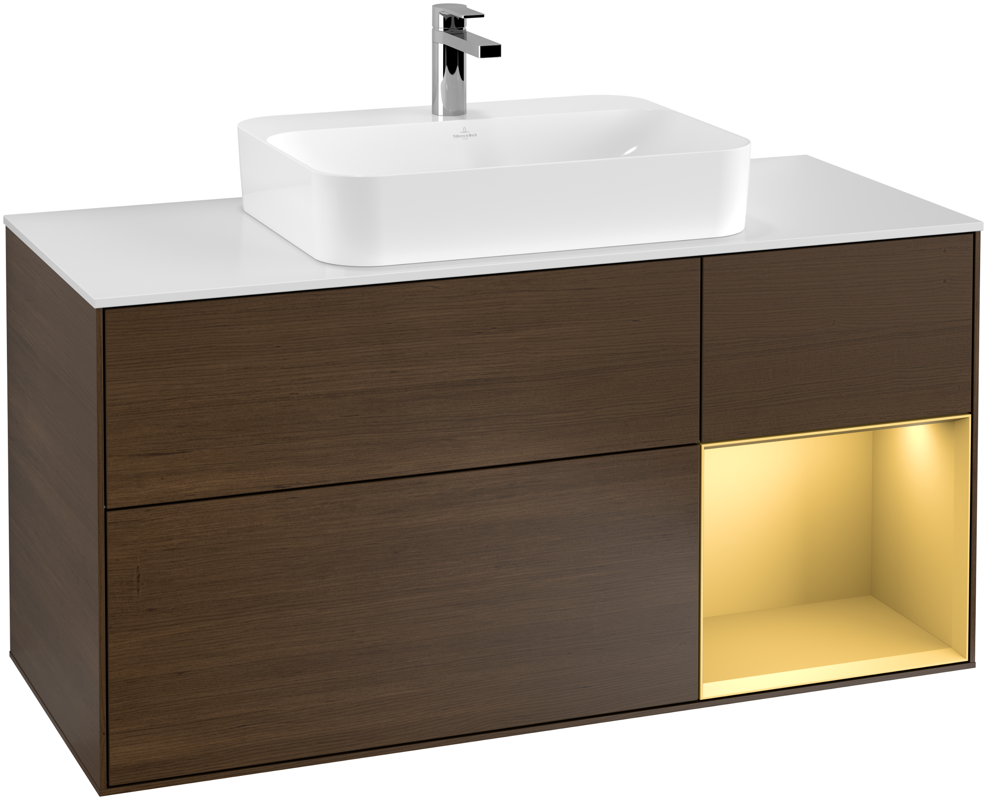 Villeroy & Boch Finion Waschbeckenunterschrank, mit Beleuchtung, 3 Auszüge, 1200x603x501mm, Korpus: Walnut Veneer, Front: Walnut Veneer, Regalelement: Gold Matt Lacquer, Abdeckplatte: Glass White Matt