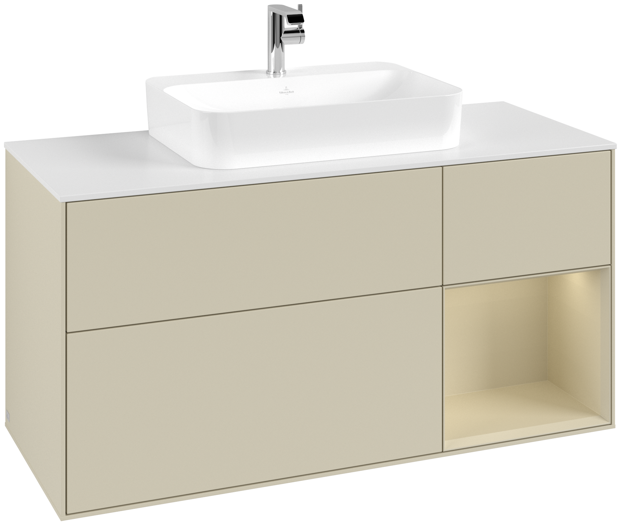 Villeroy & Boch Finion Waschbeckenunterschrank, mit Beleuchtung, 3 Auszüge, 1200x603x501mm, Korpus: Silk Grey Matt Lacquer, Front: Silk Grey Matt Lacquer, Regalelement: Silk Grey Matt Lacquer, Abdeckplatte: Glass White Matt