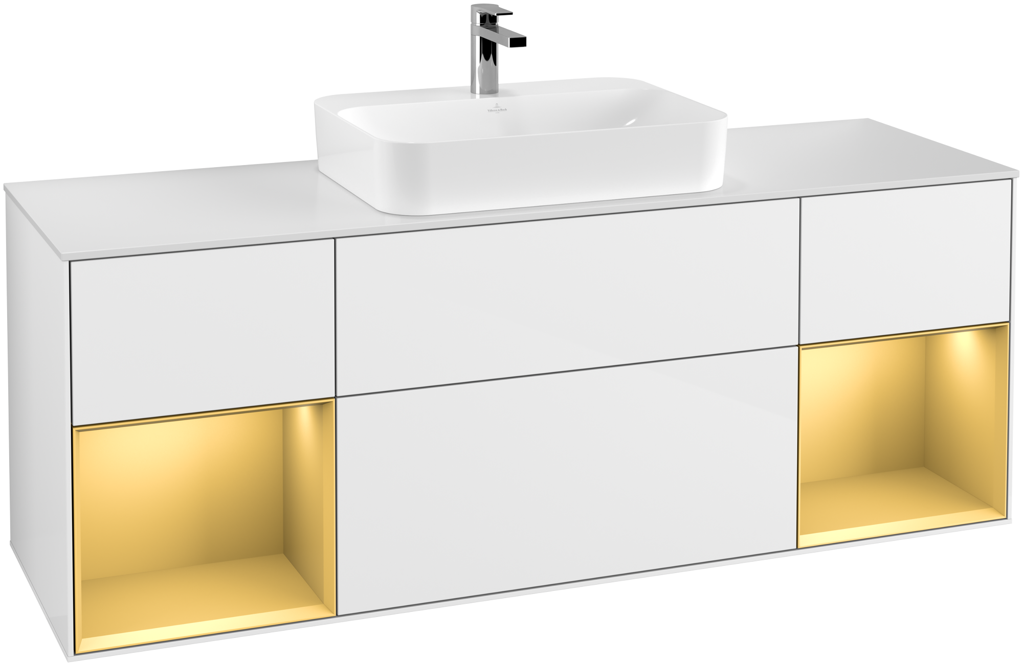 Villeroy & Boch Finion Waschbeckenunterschrank, mit Beleuchtung, 4 Auszüge, 1600x603x501mm, Korpus: Glossy White Lacquer, Front: Glossy White Lacquer, Regalelement: Gold Matt Lacquer, Abdeckplatte: Glass White Matt