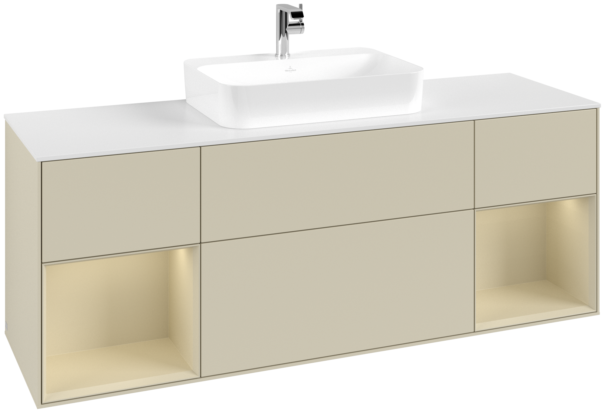 Villeroy & Boch Finion Waschbeckenunterschrank, mit Beleuchtung, 4 Auszüge, 1600x603x501mm, Korpus: Silk Grey Matt Lacquer, Front: Silk Grey Matt Lacquer, Regalelement: Silk Grey Matt Lacquer, Abdeckplatte: Glass White Matt