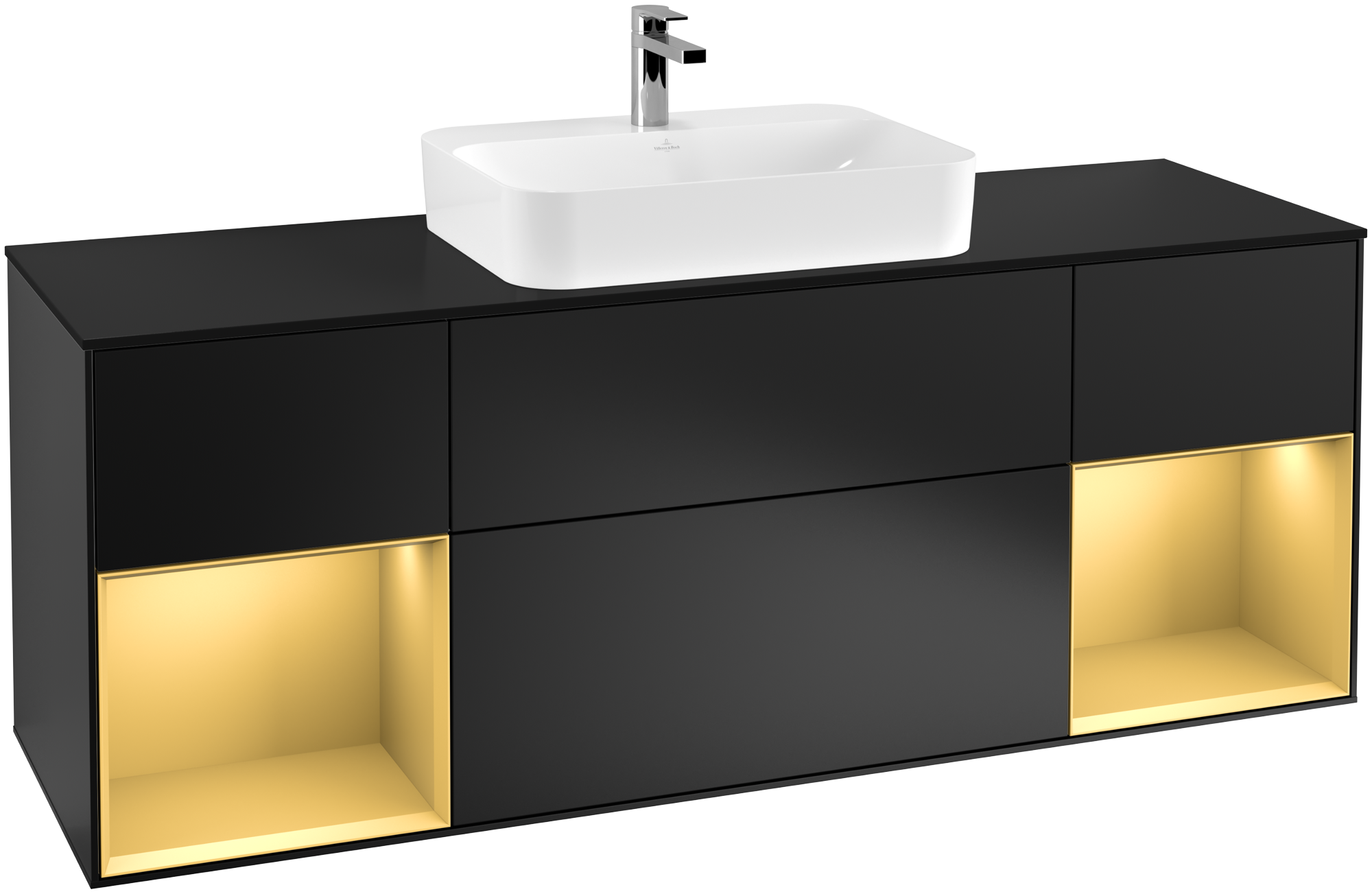 Villeroy & Boch Finion Meuble sous plan, avec éclairage, 4 tiroirs sur rails, 1600x603x501mm, Caisson: Black Matt Lacquer, Façade: Black Matt Lacquer, Élément d’étagère: Gold Matt Lacquer, Plaque de recouvrement: Glass Black Matt