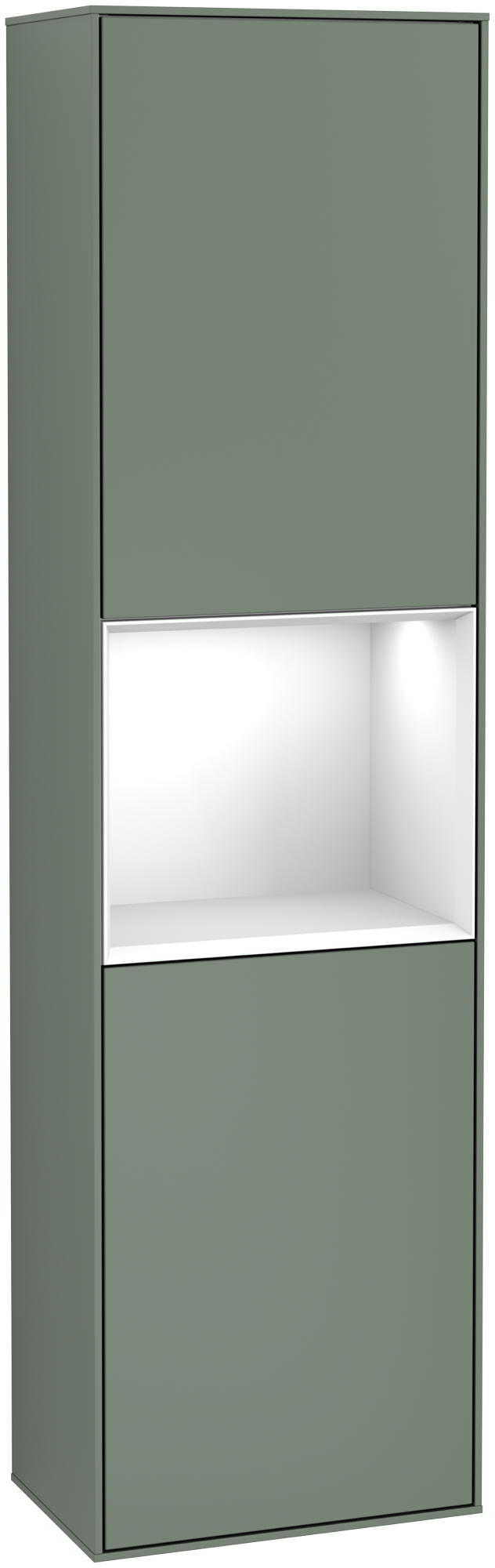 Villeroy & Boch Finion Tall cabinet, with lighting, 2 doors, 418x1516x270mm, Body: Olive Matt Lacquer, Front: Olive Matt Lacquer, Shelf: Glossy White Lacquer
