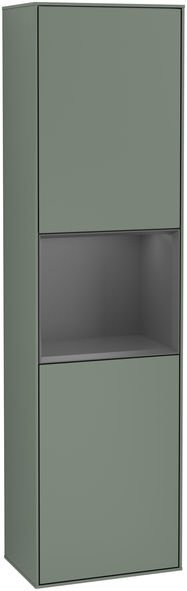 Villeroy & Boch Finion Tall cabinet, with lighting, 2 doors, 418x1516x270mm, Body: Olive Matt Lacquer, Front: Olive Matt Lacquer, Shelf: Anthracite Matt Lacquer