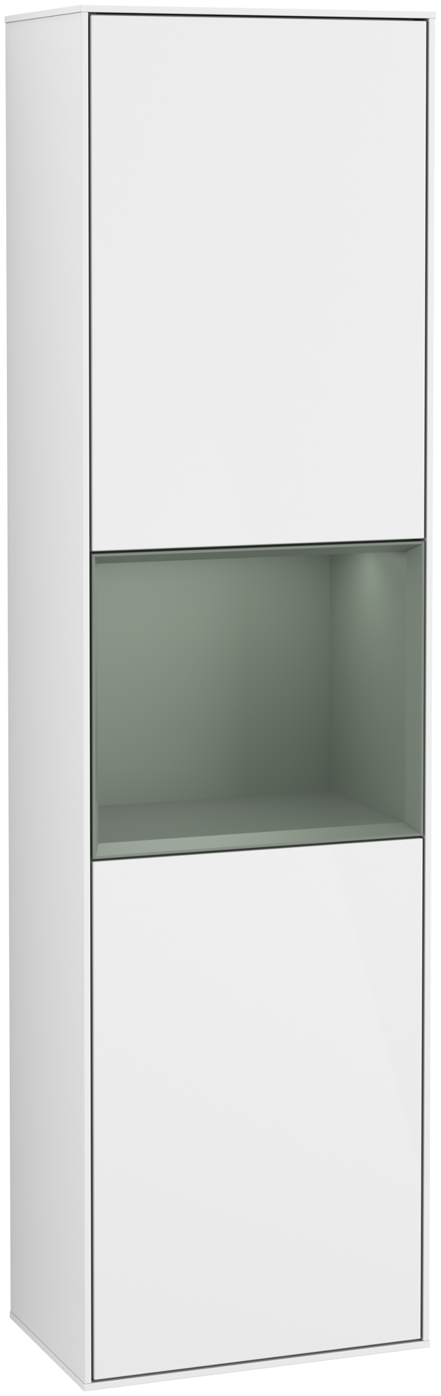 Villeroy & Boch Finion Tall cabinet, with lighting, 2 doors, 418x1516x270mm, Body: Glossy White Lacquer, Front: Glossy White Lacquer, Shelf: Olive Matt Lacquer