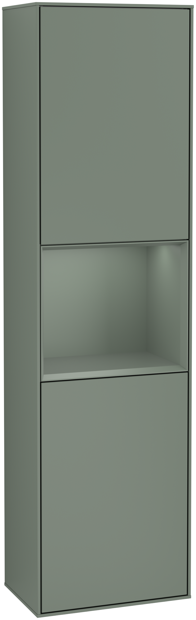 Villeroy & Boch Finion Tall cabinet, with lighting, 2 doors, 418x1516x270mm, Body: Olive Matt Lacquer, Front: Olive Matt Lacquer, Shelf: Olive Matt Lacquer