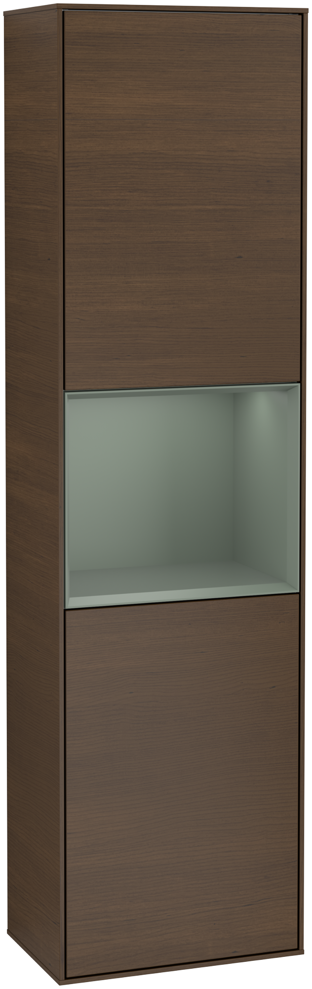 Villeroy & Boch Finion Tall cabinet, with lighting, 2 doors, 418x1516x270mm, Body: Walnut Veneer, Front: Walnut Veneer, Shelf: Olive Matt Lacquer