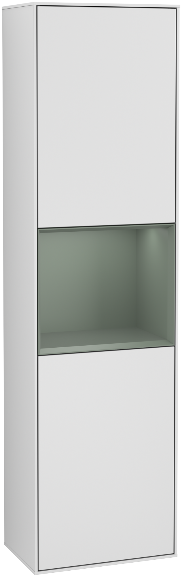 Villeroy & Boch Finion Tall cabinet, with lighting, 2 doors, 418x1516x270mm, Body: White Matt Lacquer, Front: White Matt Lacquer, Shelf: Olive Matt Lacquer