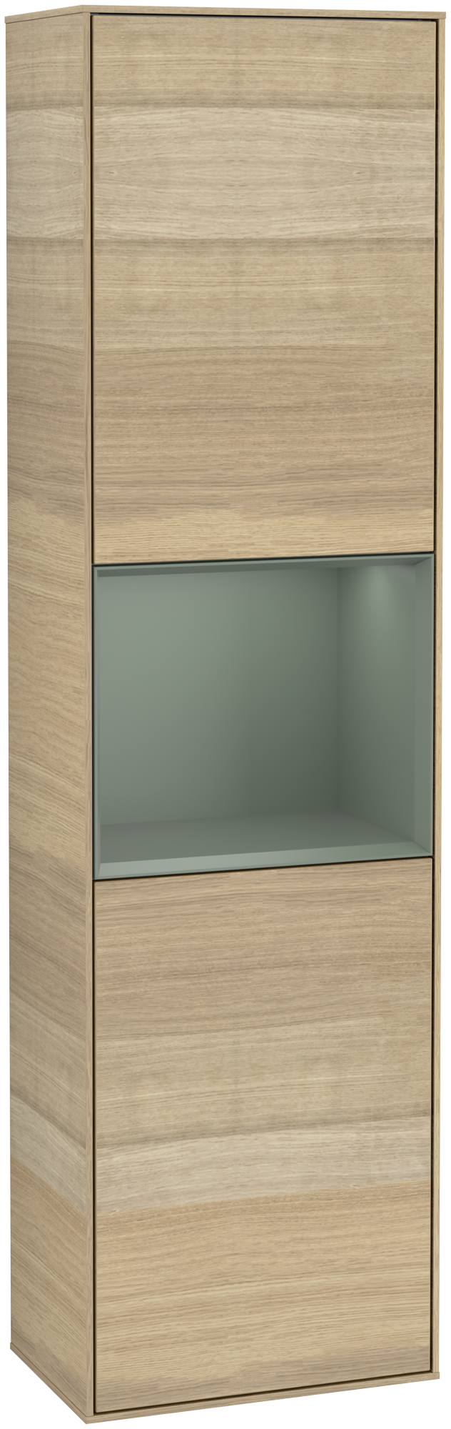 Villeroy & Boch Finion Tall cabinet, with lighting, 2 doors, 418x1516x270mm, Body: Oak Veneer, Front: Oak Veneer, Shelf: Olive Matt Lacquer