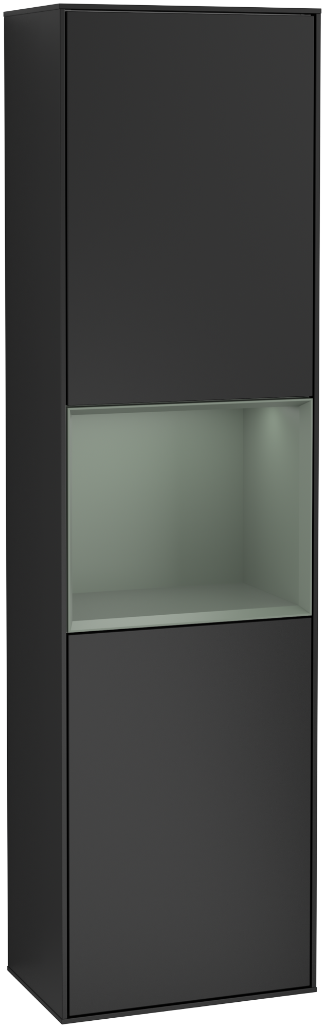 Villeroy & Boch Finion Tall cabinet, with lighting, 2 doors, 418x1516x270mm, Body: Black Matt Lacquer, Front: Black Matt Lacquer, Shelf: Olive Matt Lacquer
