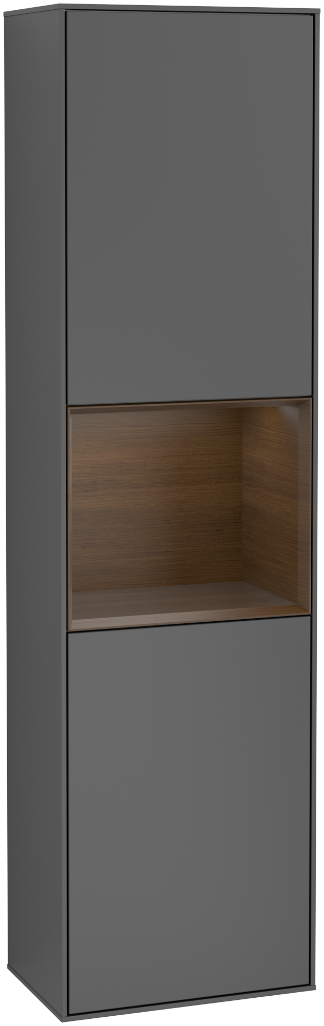 Villeroy & Boch Finion Tall cabinet, with lighting, 2 doors, 418x1516x270mm, Body: Anthracite Matt Lacquer, Front: Anthracite Matt Lacquer, Shelf: Walnut Veneer