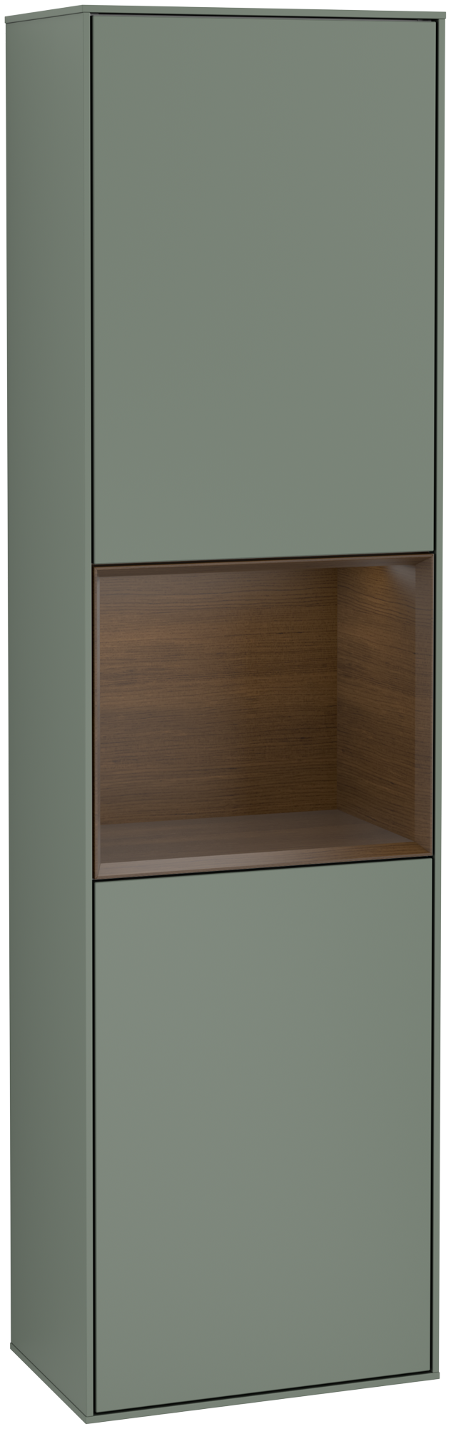 Villeroy & Boch Finion Tall cabinet, with lighting, 2 doors, 418x1516x270mm, Body: Olive Matt Lacquer, Front: Olive Matt Lacquer, Shelf: Walnut Veneer