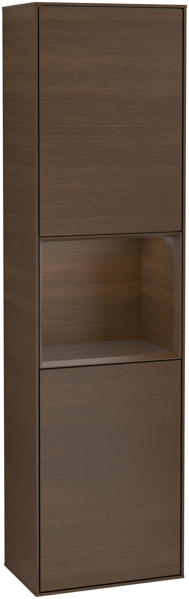 Villeroy & Boch Finion Tall cabinet, with lighting, 2 doors, 418x1516x270mm, Body: Walnut Veneer, Front: Walnut Veneer, Shelf: Walnut Veneer