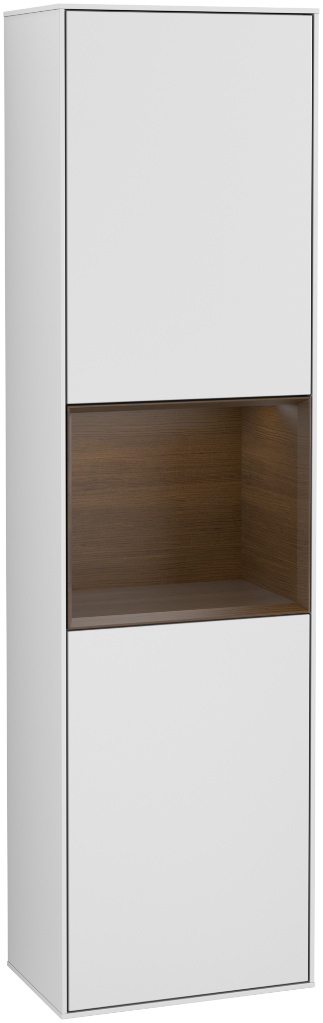 Villeroy & Boch Finion Tall cabinet, with lighting, 2 doors, 418x1516x270mm, Body: White Matt Lacquer, Front: White Matt Lacquer, Shelf: Walnut Veneer