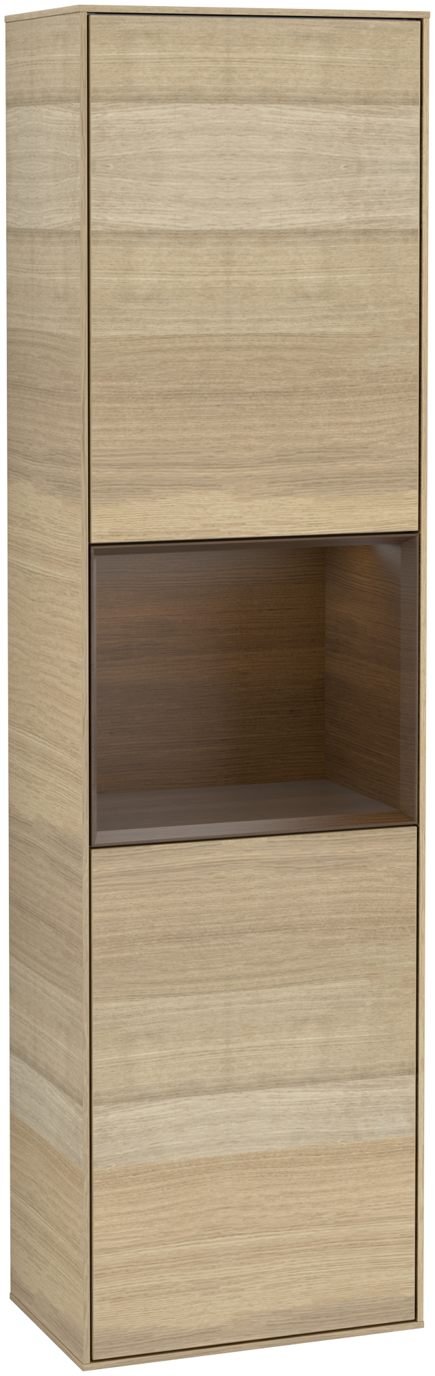 Villeroy & Boch Finion Tall cabinet, with lighting, 2 doors, 418x1516x270mm, Body: Oak Veneer, Front: Oak Veneer, Shelf: Walnut Veneer