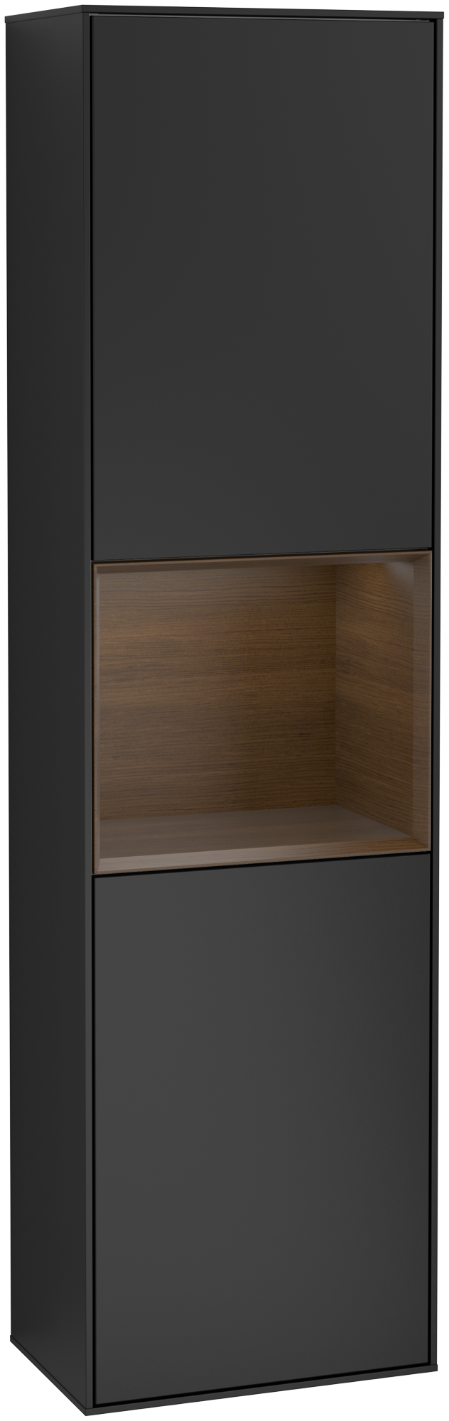 Villeroy & Boch Finion Tall cabinet, with lighting, 2 doors, 418x1516x270mm, Body: Black Matt Lacquer, Front: Black Matt Lacquer, Shelf: Walnut Veneer